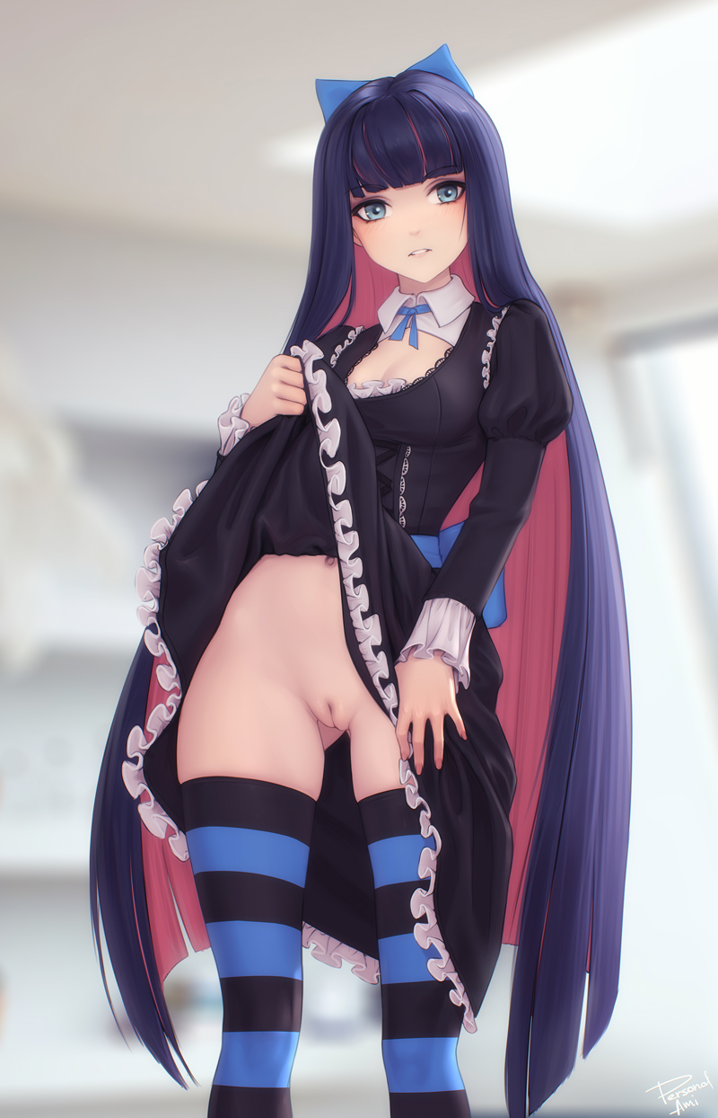 1girls, blush, breasts, dress lift, female, goth, gothic lolita, green eyes, hair ribbon, lifted by self, long hair, looking at viewer, medium breasts, no panties, no panties under skirt, nopan, panty & stocking with garterbelt, personalami, presenting pussy, pussy, ribbon, shaved pussy, skirt lift, solo, stocking anarchy, stockings, striped legwear, thighhighs, two-tone hair, uncensored