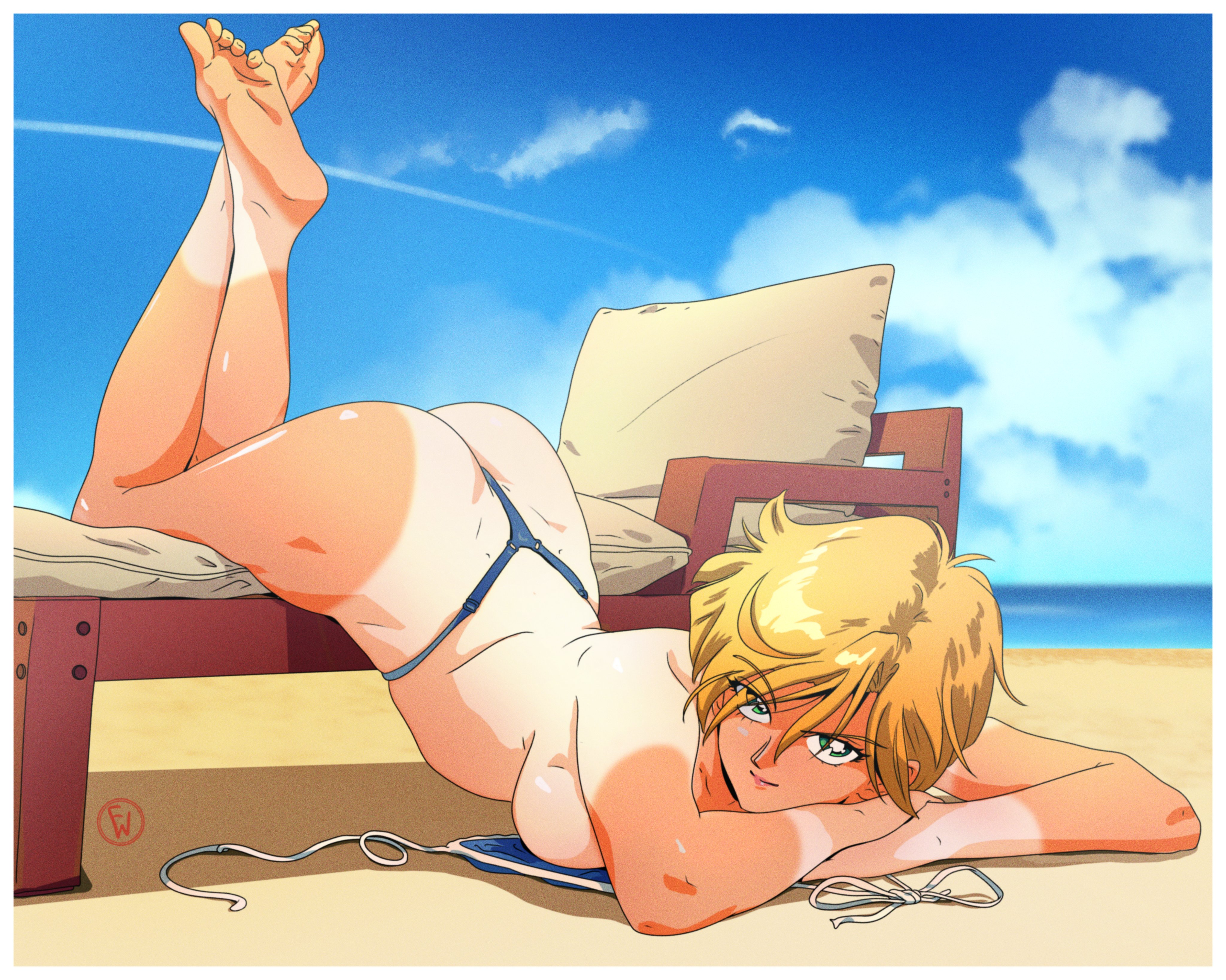 1990s (style), 1girls, absurd res, alluring, ass, barefoot, beach, beach chair, bikini, bishoujo senshi sailor moon, blonde hair, blue eyes, bra, breasts, cloud, cloudy sky, feet, female, fritz willie, haruka tenou, high res, looking at viewer, lying, ocean, on stomach, open bra, retro artstyle, sailor uranus, short hair, sideboob, sky, solo, swimsuit, tan, tanline, thong, topless female