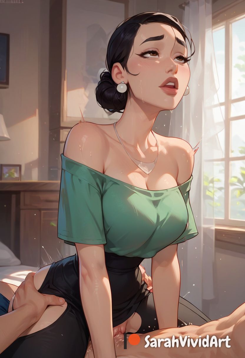 1boy, 1girls, ai generated, asian, asian female, black hair, blush, cowgirl, cowgirl position, debbie grayson, deborah grayson, female, female focus, hair up, invincible, invincible (comics), invincible (tv series), large penis, long penis, male, mature female, milf, older female, penis, pussy, riding, riding penis, rolling eyes, sarahvividart, seductive, sex, shiny skin, vaginal penetration, vaginal sex