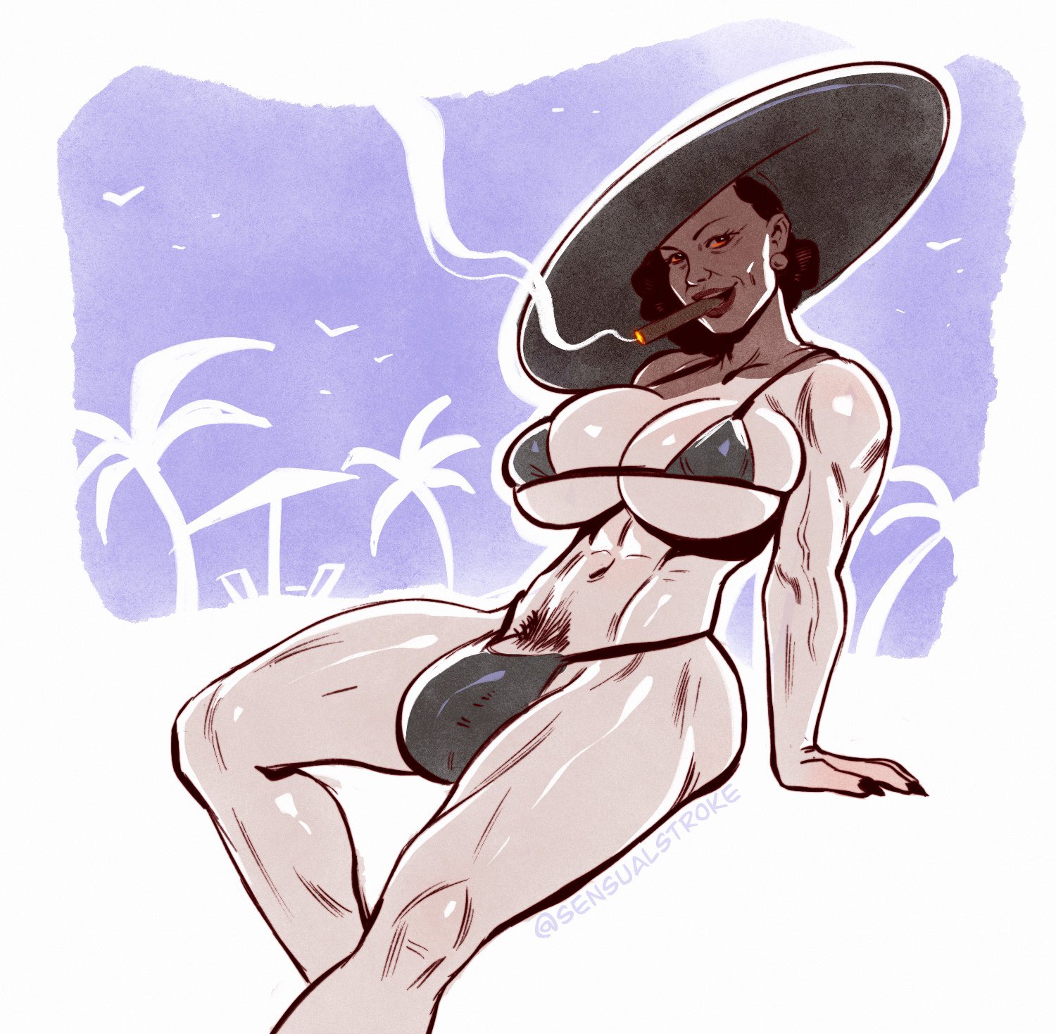 1futa, alcina dimitrescu, big breasts, bikini, breasts, bulge, cigar, cigarette in mouth, clothed, clothing, female, flaccid, futa only, futanari, hat, human, intersex, large penis, light skin, light-skinned futa, mostly nude, muscular, muscular female, pale skin, penis, pubic hair, resident evil, resident evil 8: village, sensualstroke, sitting, smoking, solo, sun hat