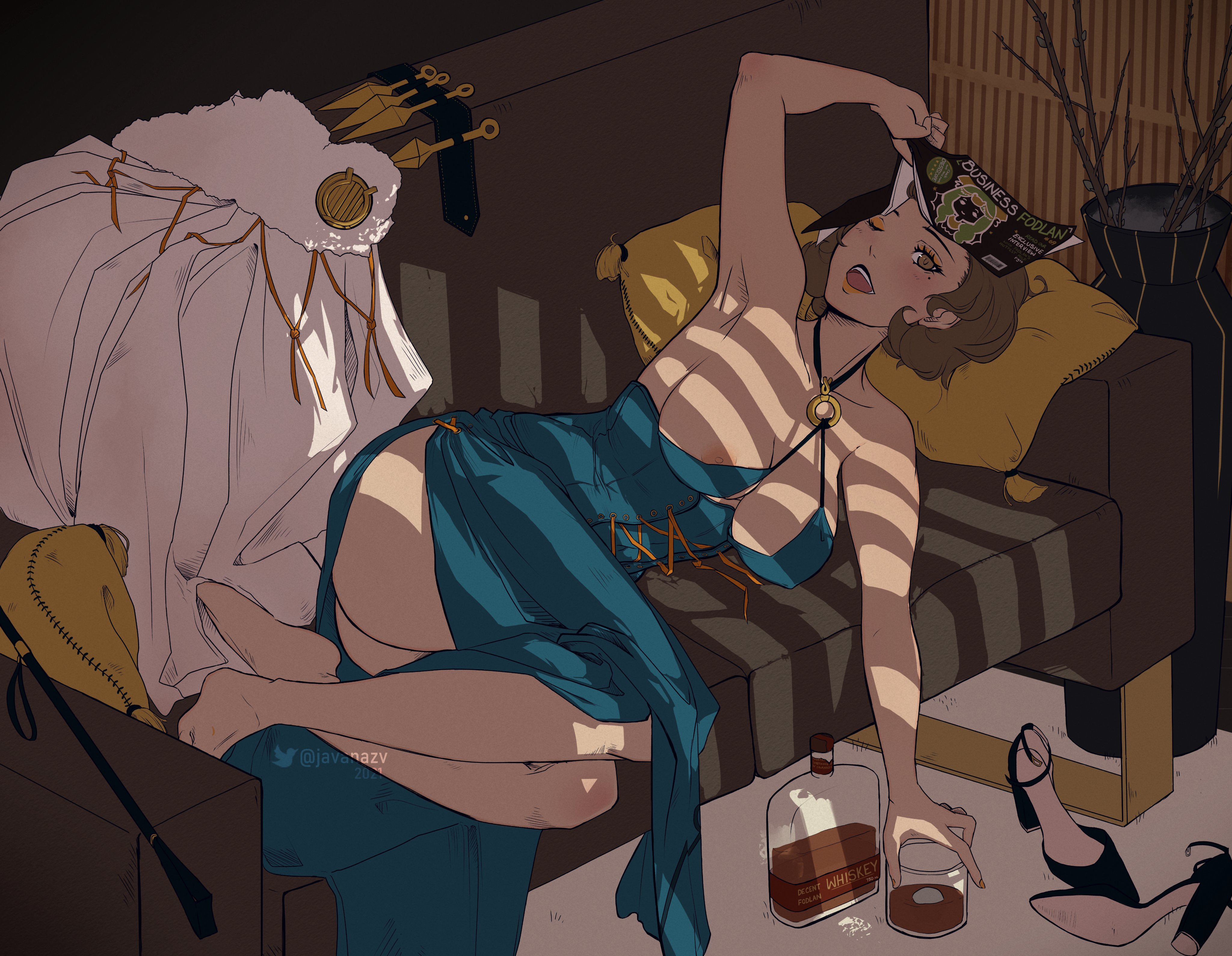 1girls, absurdres, alcohol, areolae, arm up, ass, bare arms, bare legs, bare shoulders, barefoot, blue dress, breasts, brown eyes, brown hair, cape removed, classy, classy female, couch, cougar, dress, elegant dress, eyeshadow, female, female only, fire emblem, fire emblem: three houses, full body, high heels, high heels removed, highres, javanazv, large breasts, lipstick, looking at viewer, lying, makeup, manuela casagranda, mature female, messy, mole, mole under eye, nintendo, nipple slip, nipples, o-ring, on side, one eye closed, open mouth, orange eyeshadow, orange lips, orange lipstick, rich, rich female, shoes, shoes removed, short hair, short-haired female, solo, twitter username, watermark, whiskey