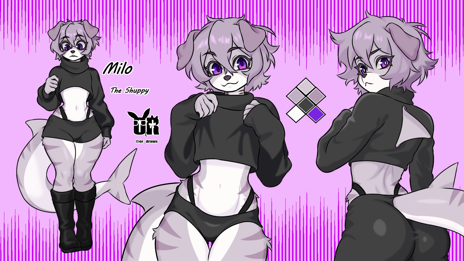 1boy, 2d, anthro, anthro only, ass, big ass, big butt, big thighs, boots, canine, clothed, clothed male, color, commission, curvaceous, curvaceous figure, curvy, curvy figure, curvy hips, dog, dog ears, femboy, femboy only, furry, furry only, gray body, gray hair, grey body, grey hair, hair, highleg, hybrid, male, male only, or draws, original, original character, purple eyes, reference sheet, shark, shark tail, short hair, short shorts, skinny, solo, tail, thong straps, wide hips