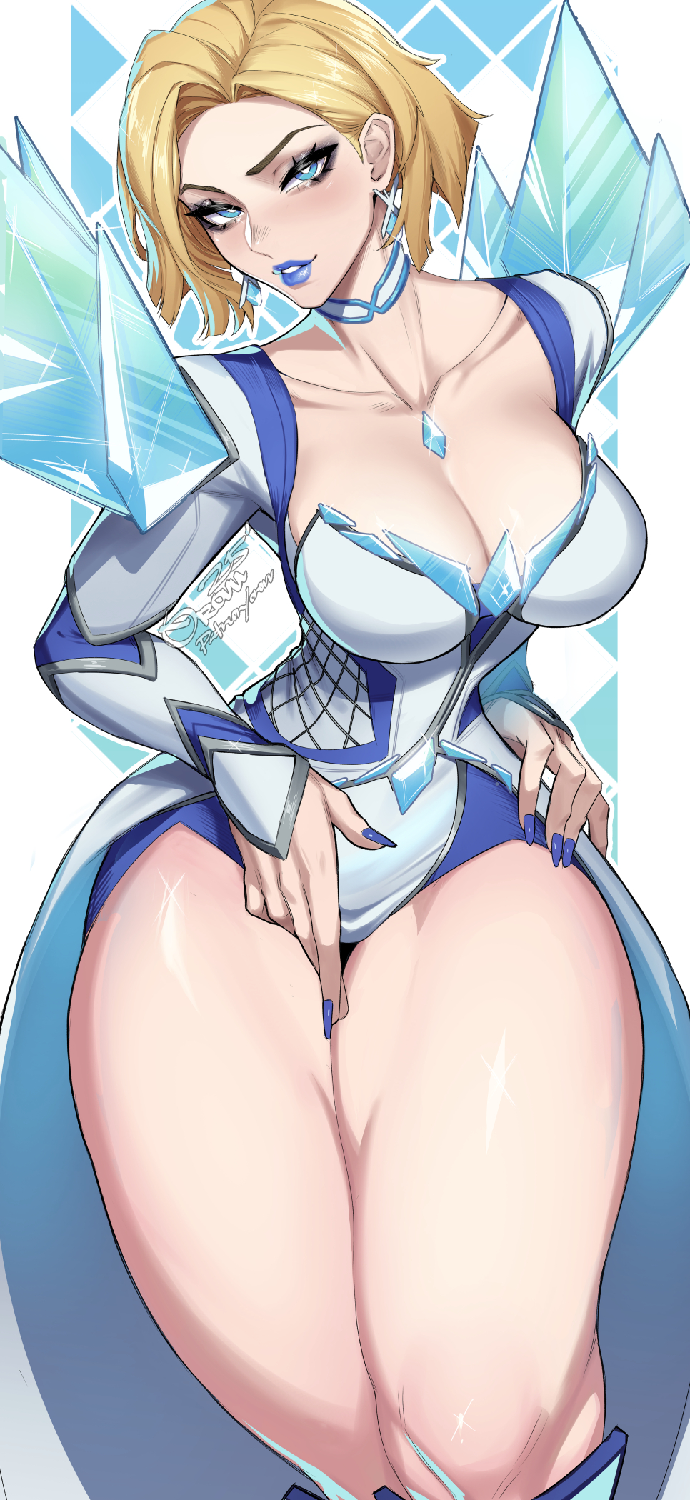 1girls, big breasts, blonde female, blonde hair, blue eyes, blue lipstick, blue nails, bob cut, breasts, busty, cleavage, curves, curvy, emma frost, emma frost (marvel rivals), female, female only, fully clothed, huge breasts, large breasts, legs, lipstick, marvel, marvel comics, marvel rivals, milf, mostly clothed, orouu, revealing clothes, short hair, thick, thick legs, thick thighs, thighs, x-men