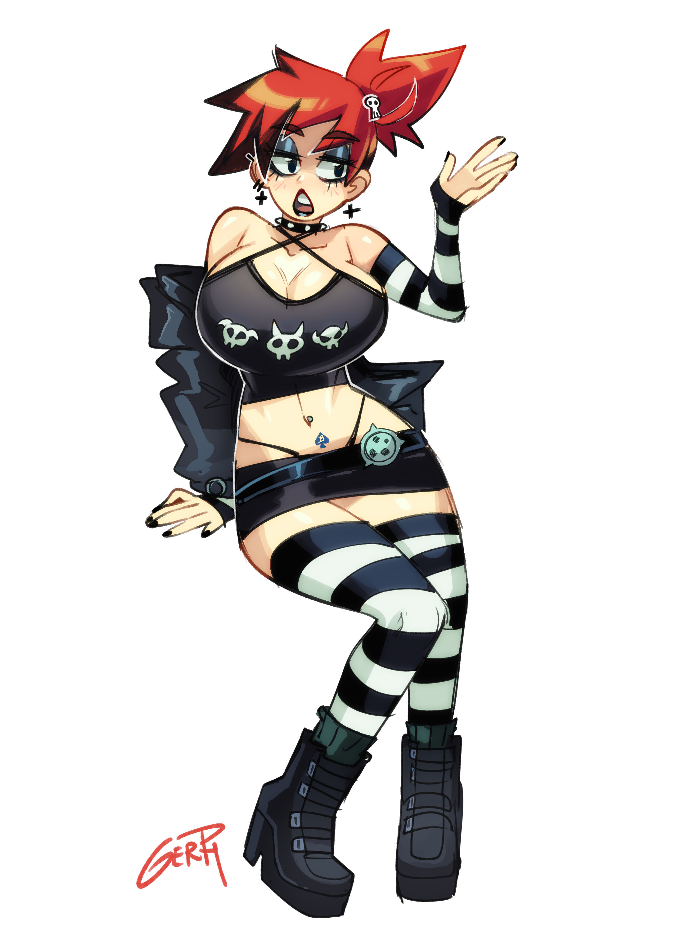 1girls, 2025, arm stockings, artist name, artist signature, ass, big ass, big breasts, black fingernails, black lips, black lipstick, breasts, cartoon network, choker, clothed, clothed female, clothing, crop top, daisy dukes, ear piercing, earrings, english, english text, female, female focus, female only, fingernails, foster's home for imaginary friends, frankie foster, fully clothed, fully clothed female, gerph, goth, goth girl, gothic, gothic girl, gothified, hooded jacket, hoodie, jacket, jacket open, light skin, light-skinned female, lips, lipstick, nails, nails painted, navel, navel piercing, pierced belly button, pierced ears, piercings, ponytail, pubic tattoo, queen of bloo, red hair, red-haired female, redhead female, skirt, solo, solo female, solo focus, spade tattoo, spiked choker, spikes, stockings, striped stockings, text, thick thighs, thighs, warner bros, warner brothers