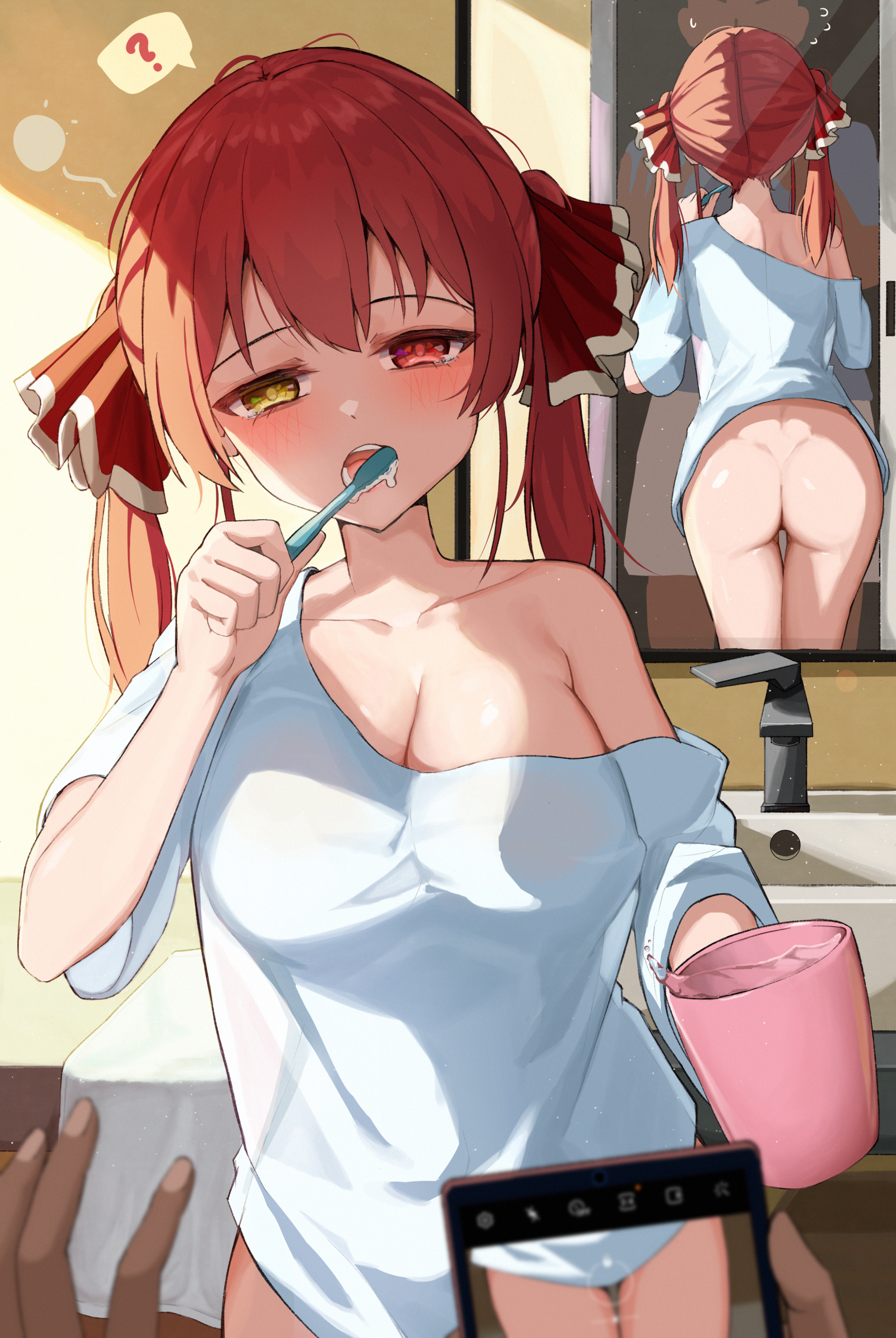 ?, 1girls, 2021, ass, bare shoulder, barely clothed, big breasts, blush, boo iro, bottomless, breasts, clothed, clothed female, female, hi res, high resolution, highres, hololive, hololive fantasy, hololive japan, houshou marine, looking at viewer, no panties, open mouth, phone, recording, red eyes, red hair, shirt, shirt only, sleepy, smartphone, toothbrush, twintails, virtual youtuber, yellow eyes