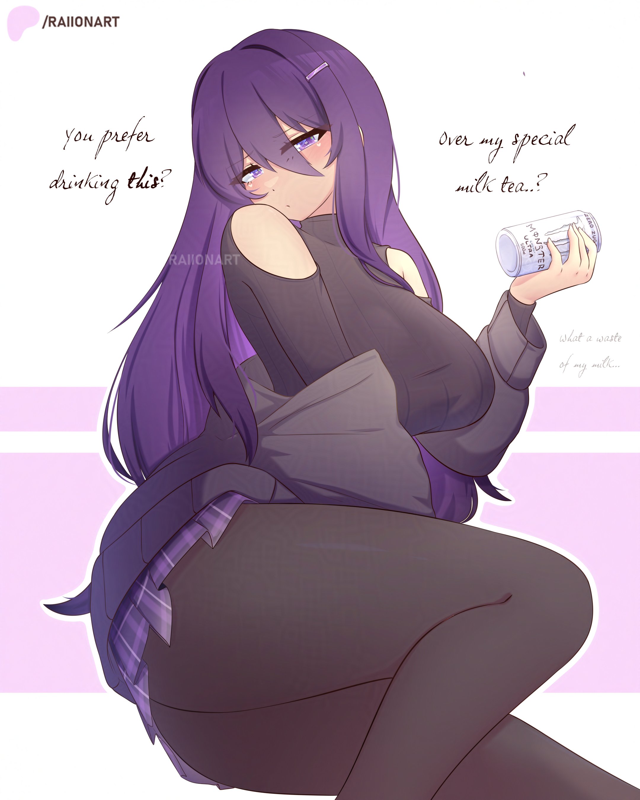 1girls, ass, big ass, big breasts, book, boots, breasts, doki doki literature club, female, long hair, long sleeves, on the floor, pantyhose, purple eyes, purple hair, raionart, shy, sitting, sweater, thick, thick thighs, yuri (doki doki literature club)
