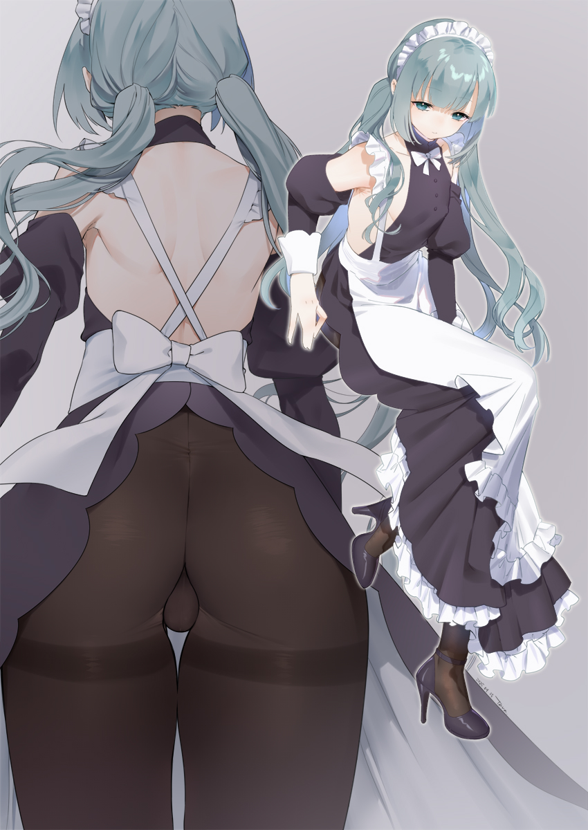1boy, apron, aqua hair, ass, ass focus, back, bareback, black pantyhose, bulge, crossdressing, dress, frilled apron, frilled dress, from behind, highres, long hair, maid, maid apron, male, original, pantyhose, ribbon, tawapo, thigh gap, thighs, trap, twintails