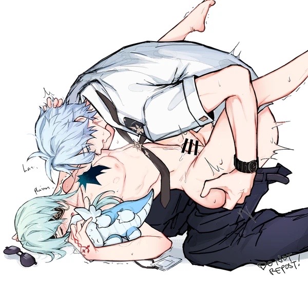 anaxa (honkai: star rail), eyepatch, gay, gay sex, grabbing ass, green hair, holding plushie, hole in chest, honkai: star rail, male, male only, male penetrating male, male/male, phainon (honkai: star rail), pulling hair, size difference, trembling, twink, white hair, yaoi