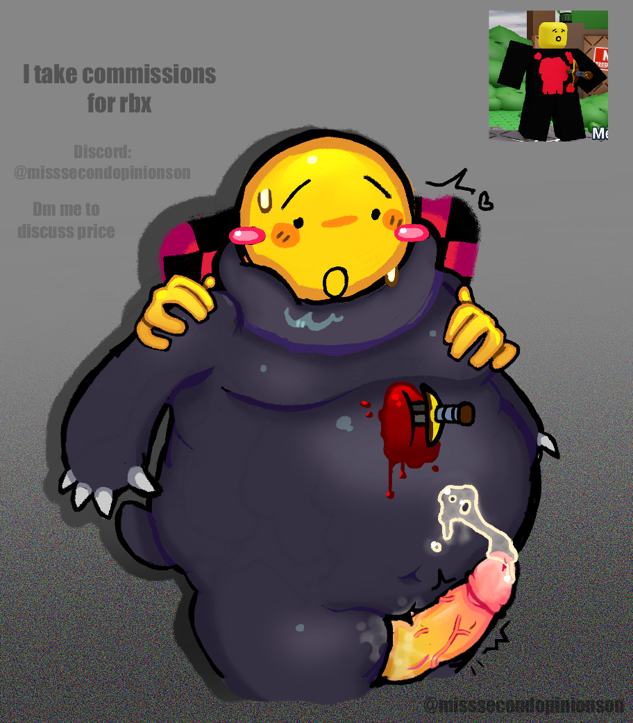 artist signature, behind, black fur, blood splatter, blush, breasts, chunky, consensual, cum on body, devesto, dick between thighs, die of death (roblox), fat ass, fat male, from behind, male, man boobs, mequot, penis, pink penis, reference image, roblox, roblox game, robloxian, self upload, sword, tagme (artist), tail, thick thighs, thighs, thrusting into thighs, trans man, transmasc, worried expression, yellow skin