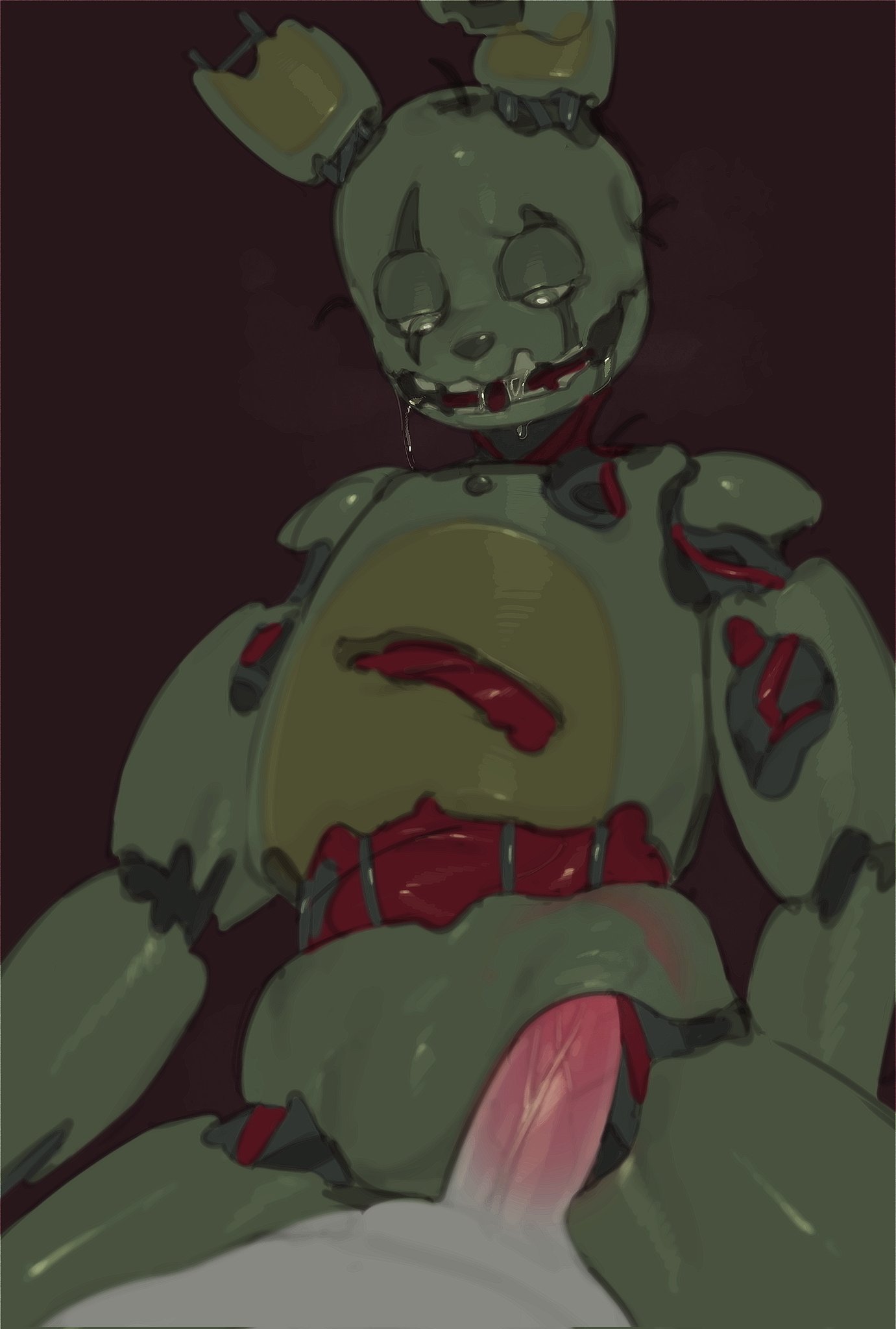 2boys, animatronic, drool, duo, erection, faceless male, five nights at freddy's, fnaf, gay, green body, green skin, kogito, male, male only, male/male, open mouth, penis, robot, saliva, springtrap, springtrap (fnaf)
