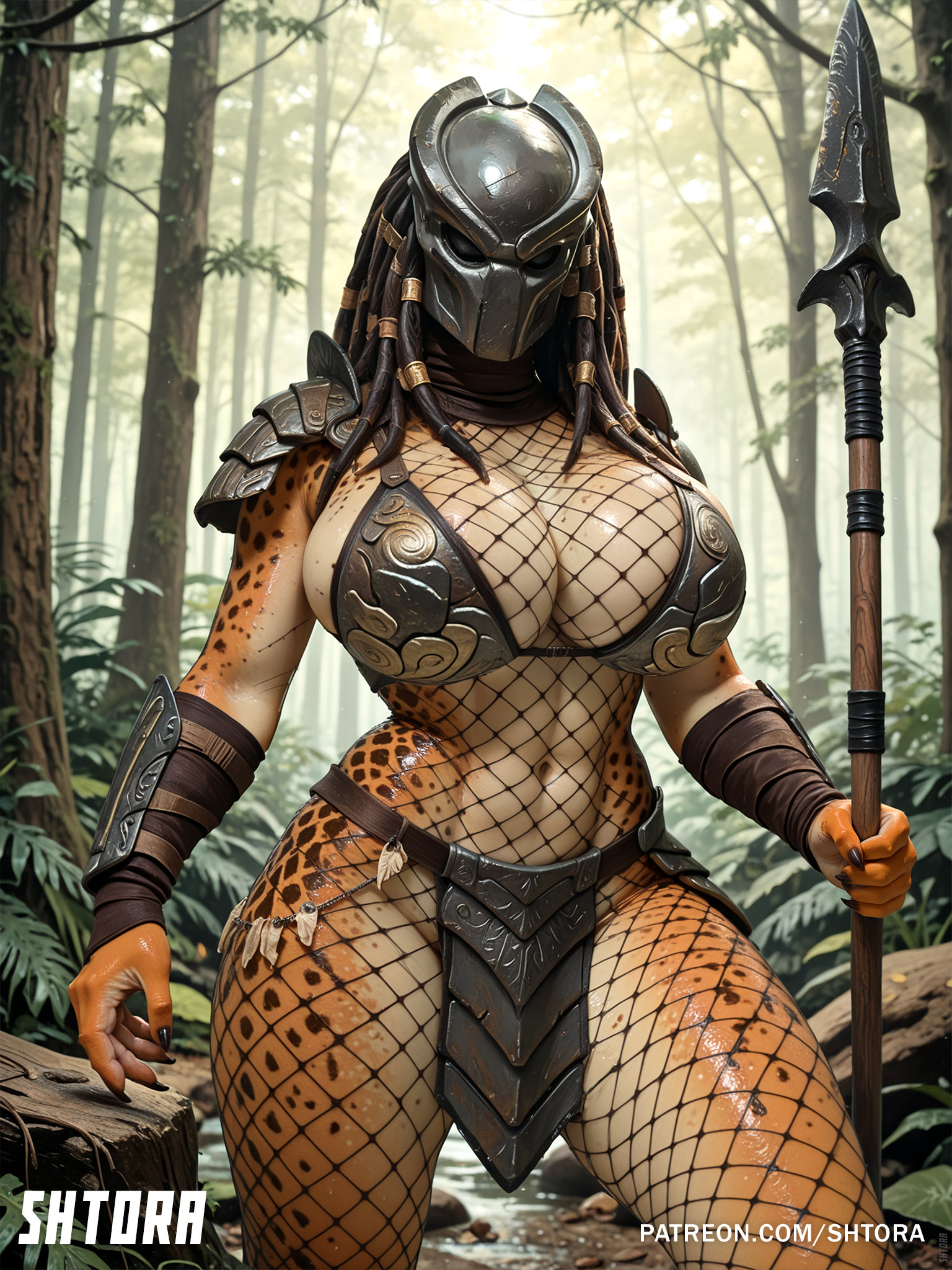 ai generated, alien, alien female, alien girl, ass, big ass, big breasts, breasts, female, female only, female yautja, huge breasts, large ass, large breasts, predator (franchise), shtora, solo female, thick thighs, wide hips, yautja