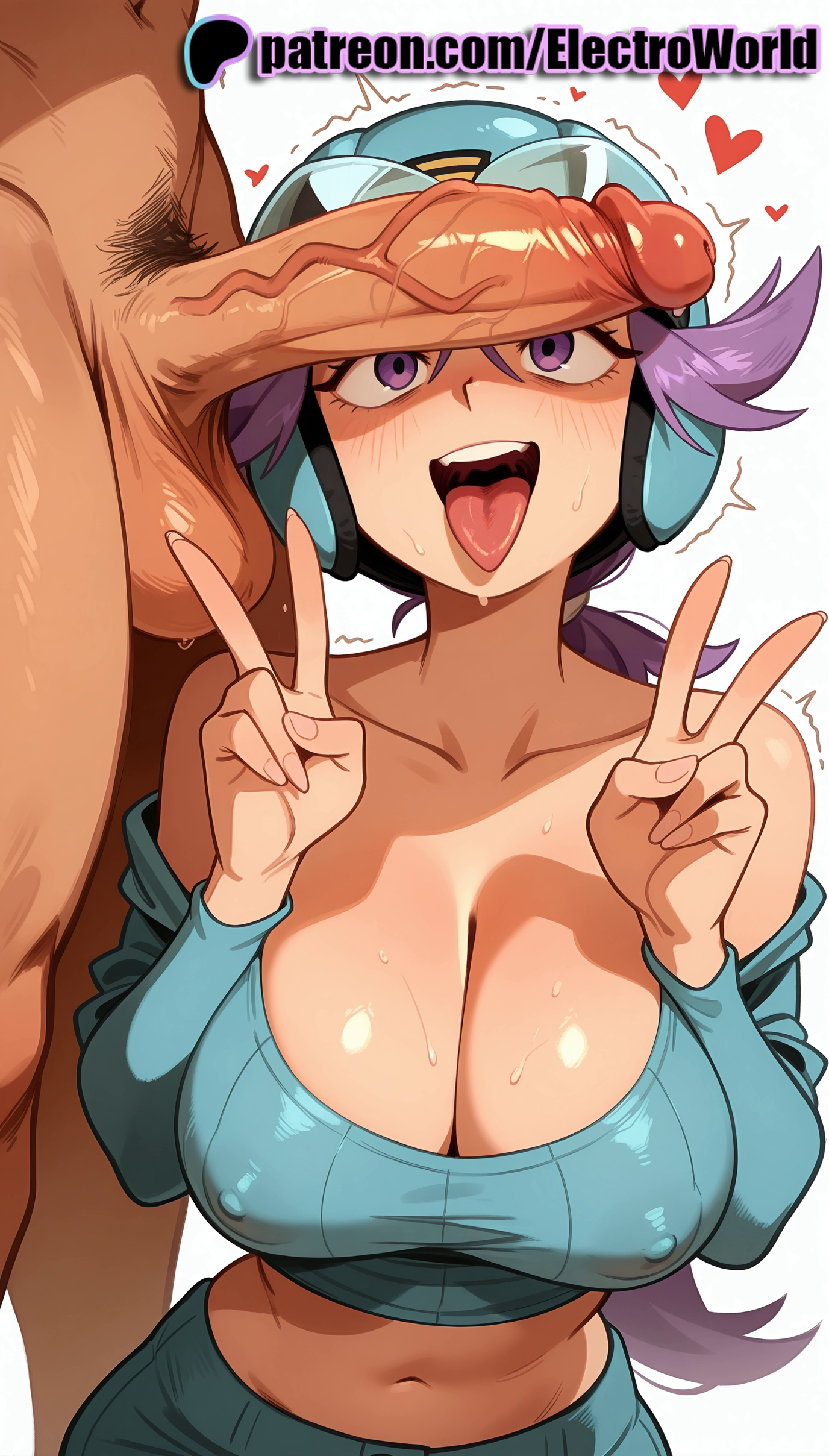 1boy, 1girls, 2025, ai generated, artist name, balls, big breasts, big chest, breasts, bust, busty, chest, cleavage, clothed female nude male, cock, dick, double v, electroworld, female, game freak, goggles, heart, hi res, high quality, high resolution, highres, index finger raised, large breasts, male, male pubic hair, navel, nintendo, patreon, patreon username, penis, penis awe, penis on face, pokemon, pokemon (anime), pokemon (game), pokemon oras, pokemon rse, purple eyes, solo focus, stable diffusion, straight, testicles, tongue, tongue out, trembling, twitching penis, v, w, watermark, winona (pokemon)
