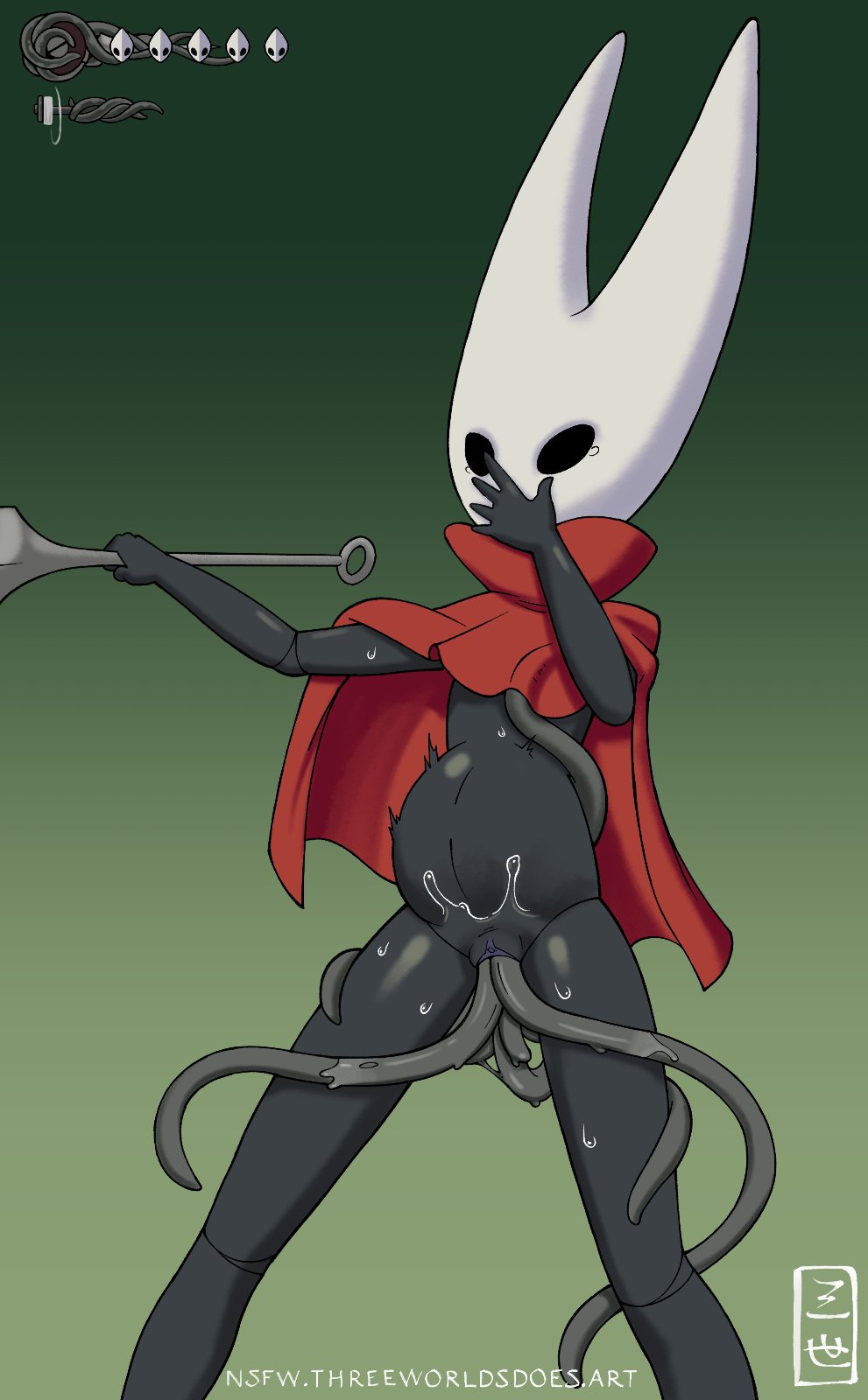 1girls, 2025, black body, black skin, cloak, female, genital fluids, greyroot, hollow knight, hollow knight: silksong, hornet (hollow knight), infection, infestation, inflation, parasite, rape, red clothing, sex, silksong, sweat, sweat drop, sweating, tentacle, tentacle penetration, tentacle sex, threeworlds, tree
