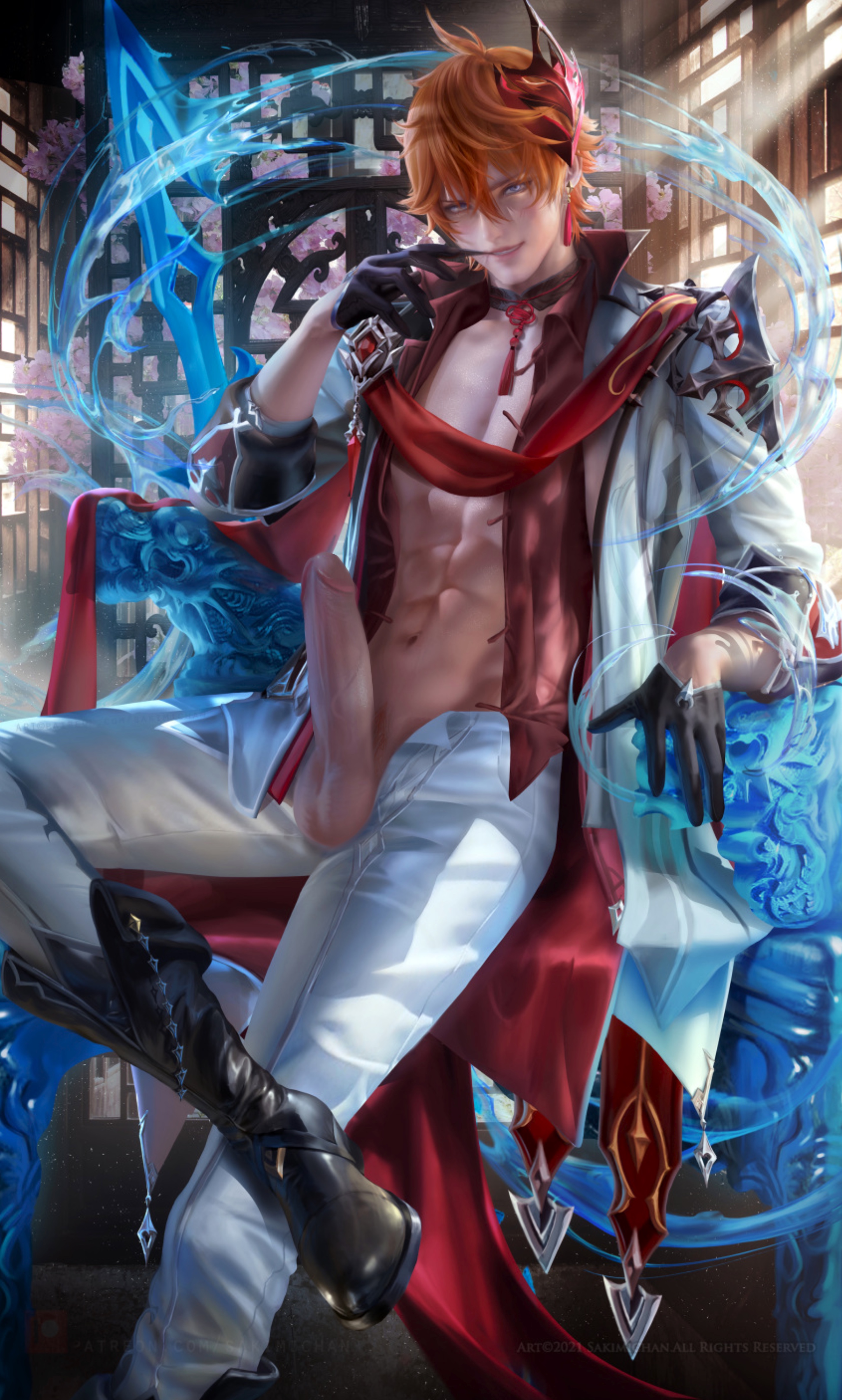 1boy, balls, big penis, childe (genshin impact), clothed, erection, genshin impact, male, male only, mihoyo, penis, sakimichan, solo, tartaglia (genshin impact), testicles, uncensored