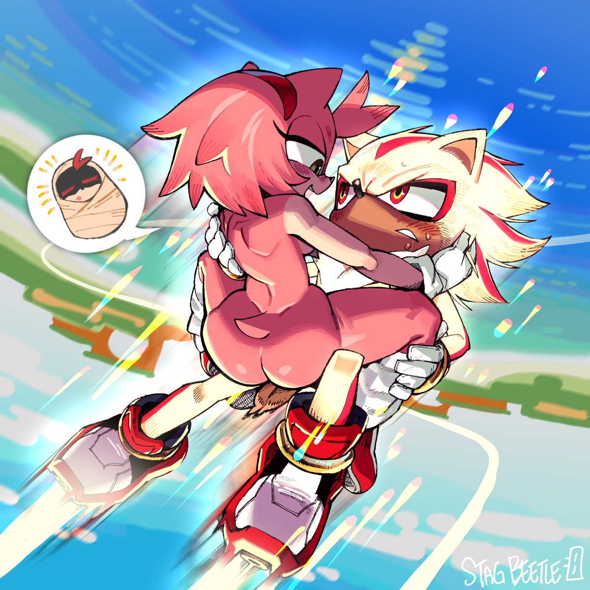 1boy, 1boy1girl, 1girls, 2025, 2d, amy rose, anthro, anthro on anthro, blonde fur, blush, blush lines, carrying partner, carrying position, chest fur, digital drawing (artwork), duo, female, flying sex, footwear, fur, furry, furry female, furry male, furry only, gloves, grabbing legs, green eyes, green hill zone, handwear, handwear and footwear only, hedgehog, hedgehog boy, hedgehog girl, hedgehog humanoid, impregnation, impregnation request, inhibitor ring, light skin, light-skinned female, looking at partner, male, male/female, outside sex, pink fur, pink hair, red eyes, red hairband, red streaks, sea, sega, shadow the hedgehog, sky, sonic (series), sonic the hedgehog (series), stagbeetle, straight sex, super shadow, tan-skinned male
