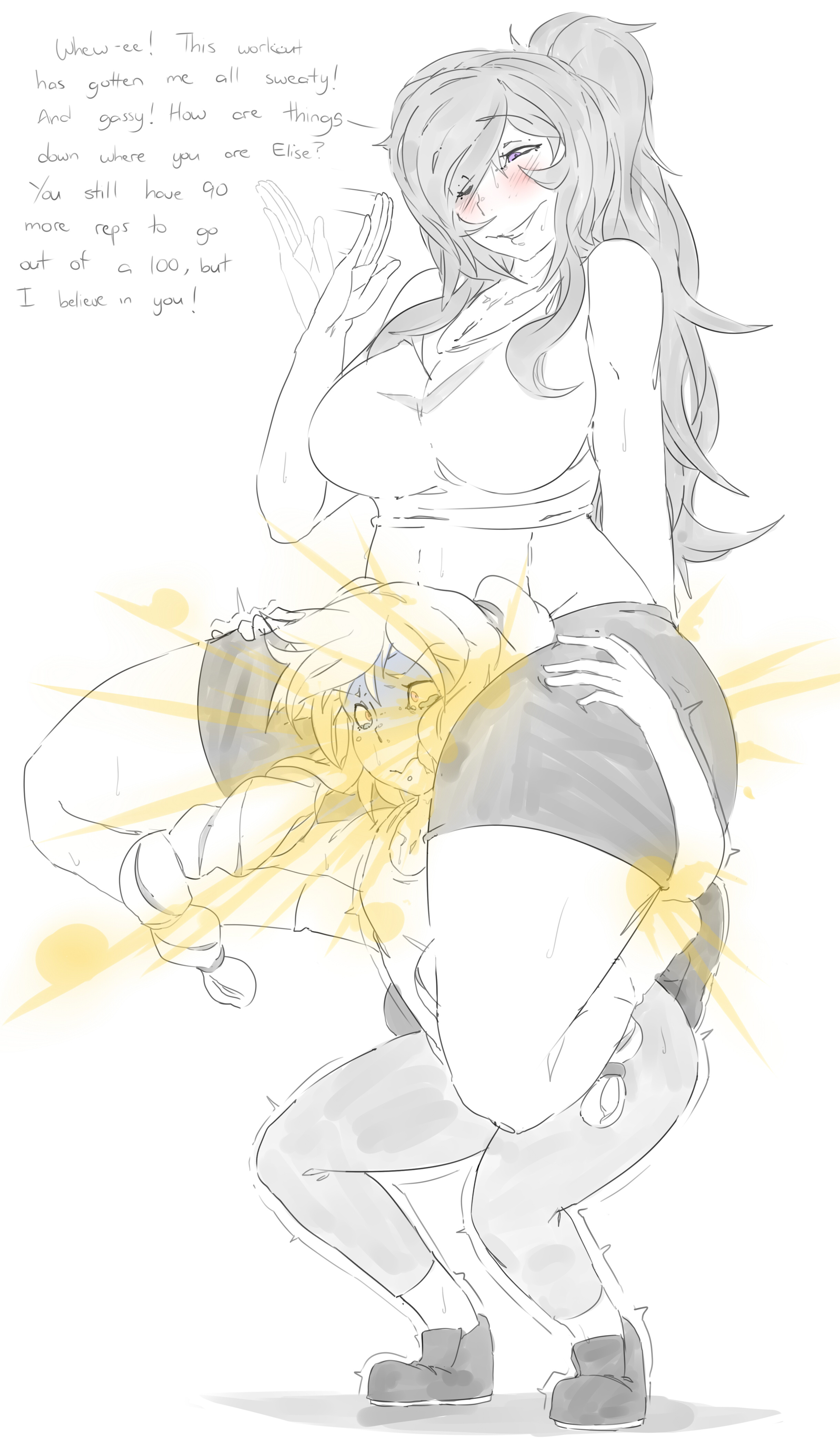 2girls, blush, camilla (fire emblem), elise (fire emblem), english text, fart, fart cloud, fart fetish, fart torture, farting, female, fire emblem, fire emblem fates, lazei, looking down, nintendo, one eye closed, ponytail, purple eyes, shorts, sitting on shoulders, sketch, text, thick thighs, thigh grab, thighs bigger than head, uncolored, yuri