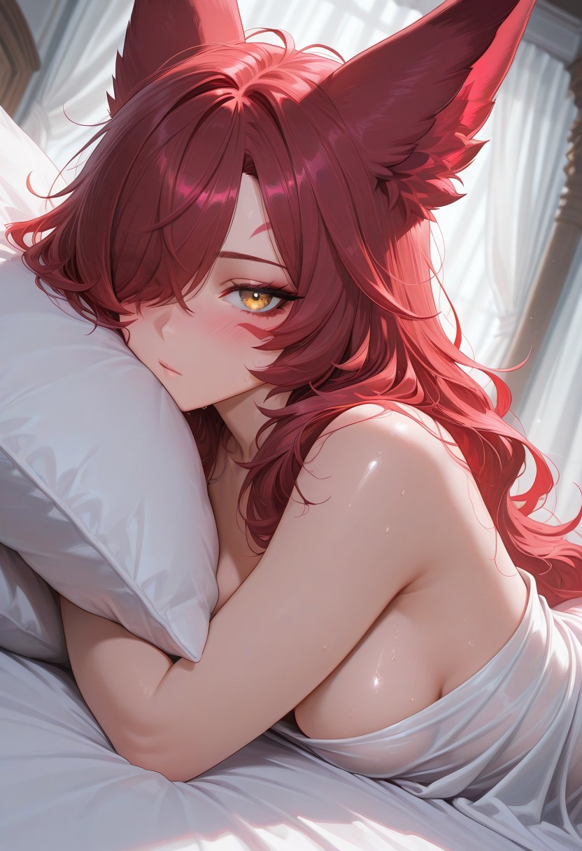 ai generated, animal ears, bed, blush, breasts, civitai, female, laying down, laying on bed, laying on stomach, league of legends, looking at viewer, on bed, pillow, red hair, riot games, sideboob, solo, solo female, solo focus, sweat, sweatdrop, vastaya, xayah