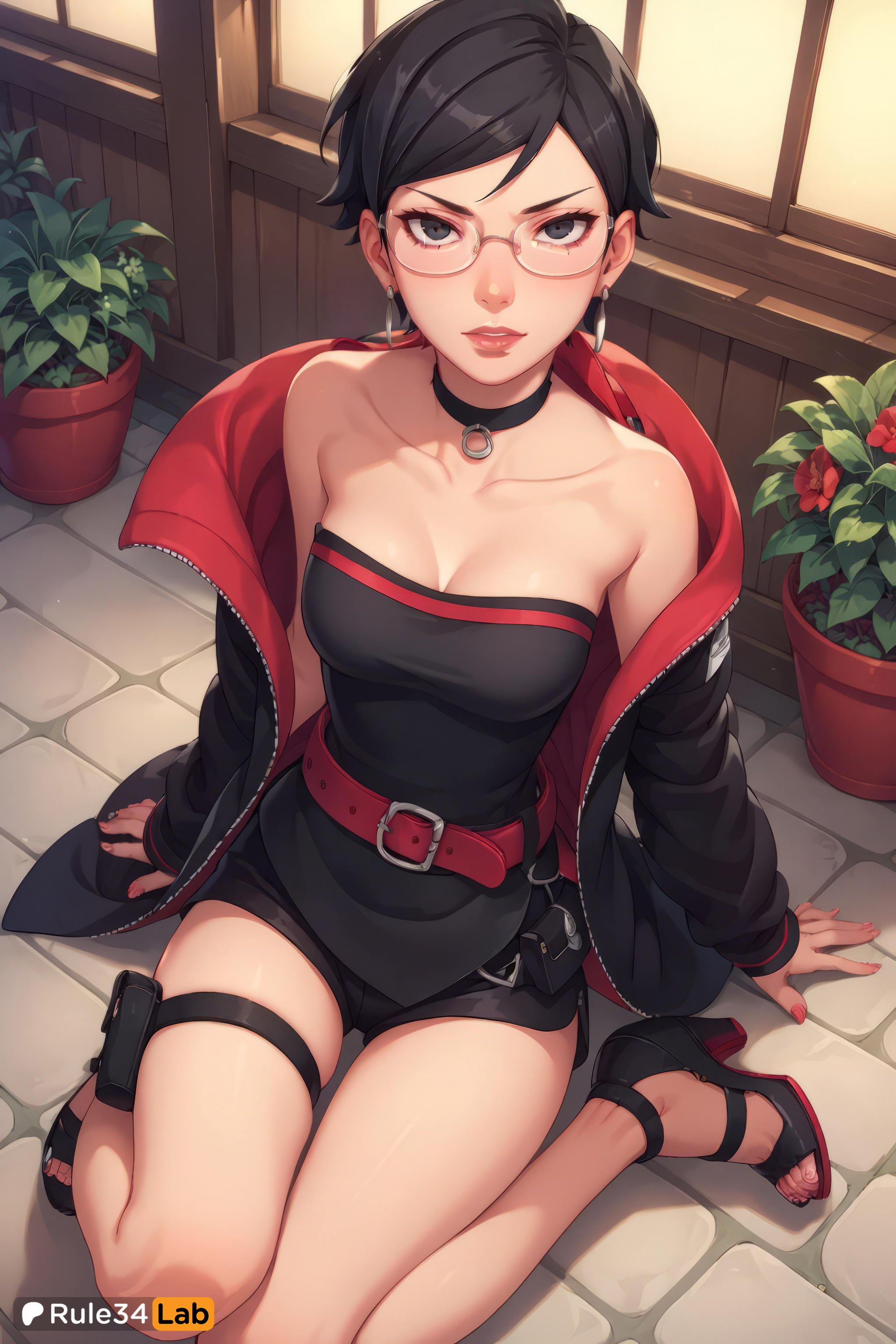 1girls, ai generated, arm support, artist name, bare shoulders, belt, black choker, black eyes, black footwear, black hair, black jacket, black shorts, boruto: two blue vortex, breasts, choker, cleavage, clothed, collarbone, earrings, female, female only, flower pot, glasses, hi res, high heels, holster, jacket, jewelry, lips, looking at viewer, medium breasts, nail polish, naruto, naruto (series), off shoulder, open clothes, open jacket, parted lips, plant, potted plant, red belt, red nails, rule34lab, sandals, sarada uchiha, short hair, short shorts, shorts, sitting, solo, strapless, swept bangs, thigh strap, toeless footwear, toenail polish, toenails, toes, tube top, wariza