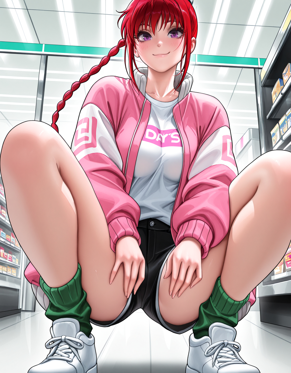 ai generated, female, female only, lu shaotang, mieko, red eyes, red hair, sakamoto days, solo, solo focus, tagme