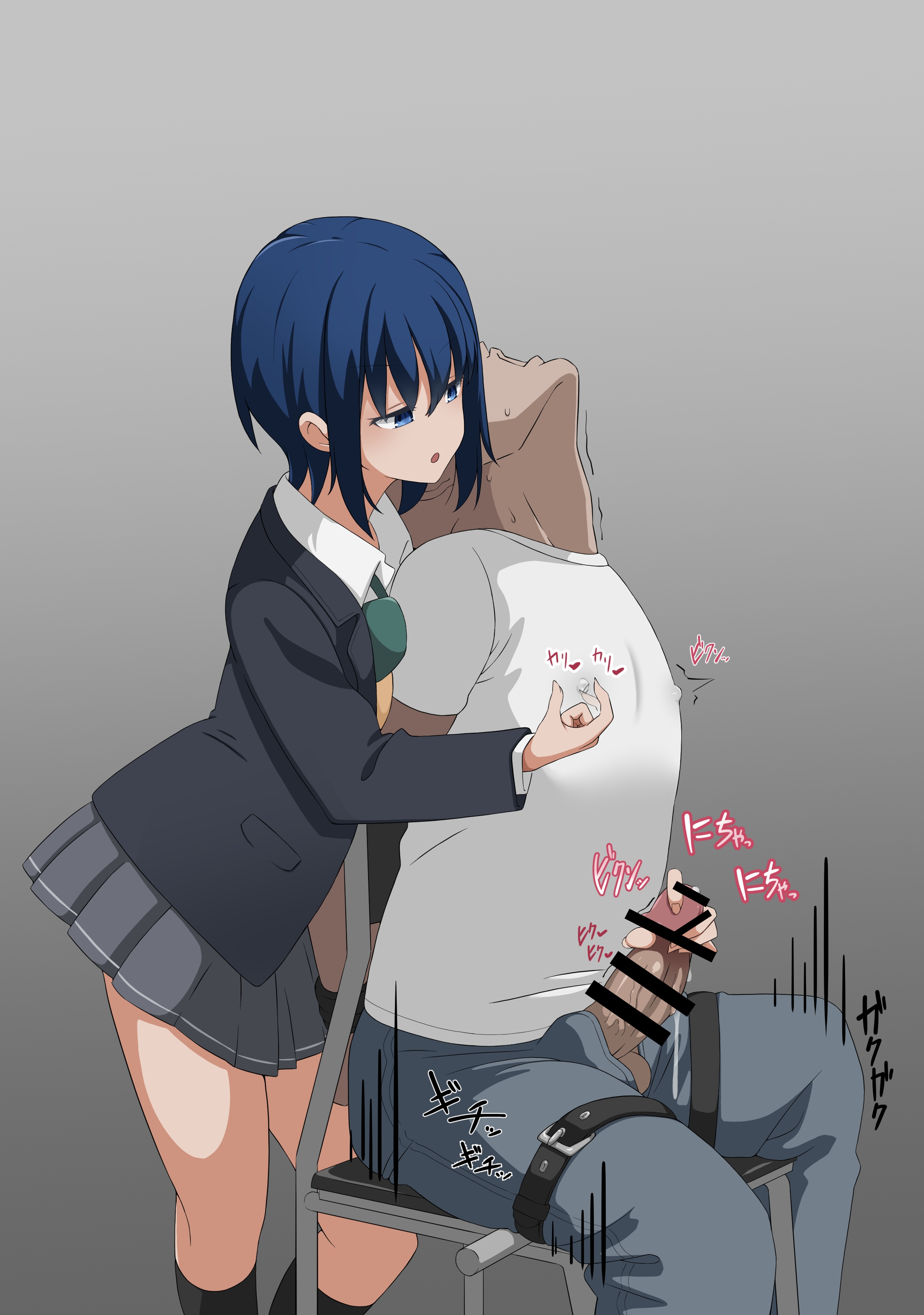 1boy, 1girls, blue eyes, blue hair, ejaculation, female, femdom, glans stimulation, japanese text, kagamine (kagamine 594), male, malesub, nipple stimulation, onomatopoeia, open fly, orgasm, reach around, restrained, school uniform, short hair, skirt, thighs
