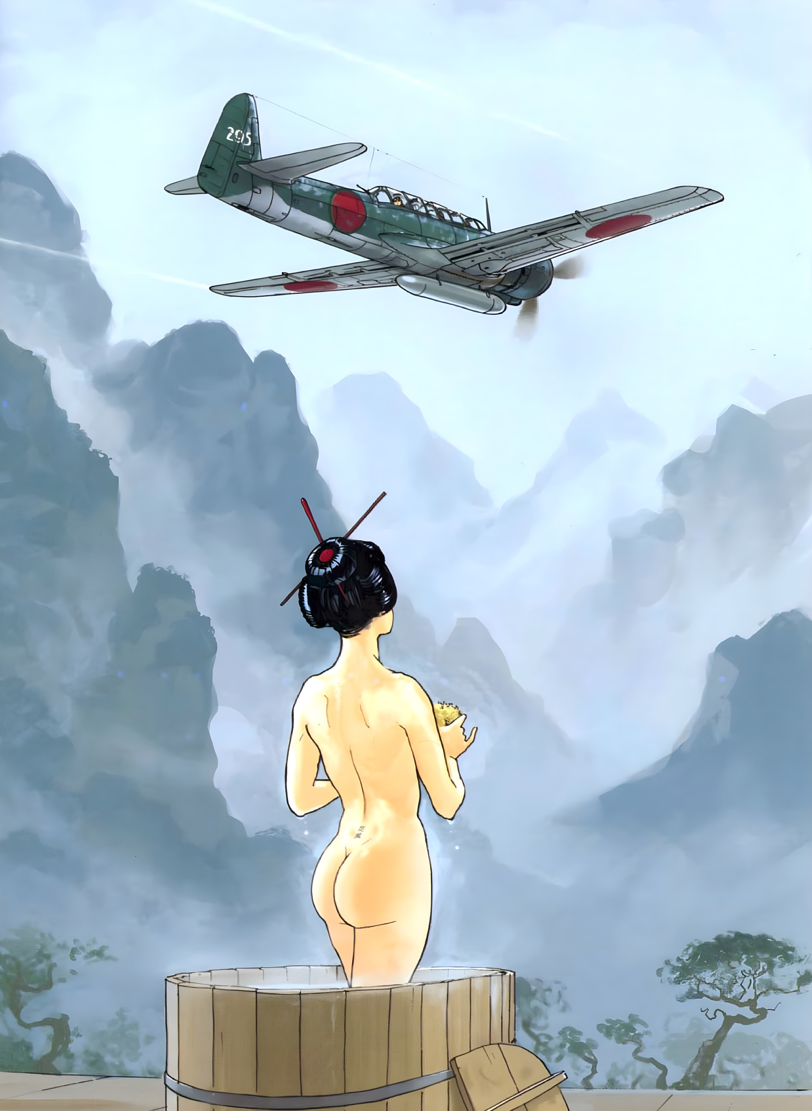 1940s, 40s, asian, asian female, ass, back view, bath, big ass, black hair, dark hair, female, history, japanese, mountain, mountains, nakajima b5n, naked, naked female, nude, nude female, ofuro, pinup, plane, romain hugault, tied hair, washcloth, world war 2, ww2