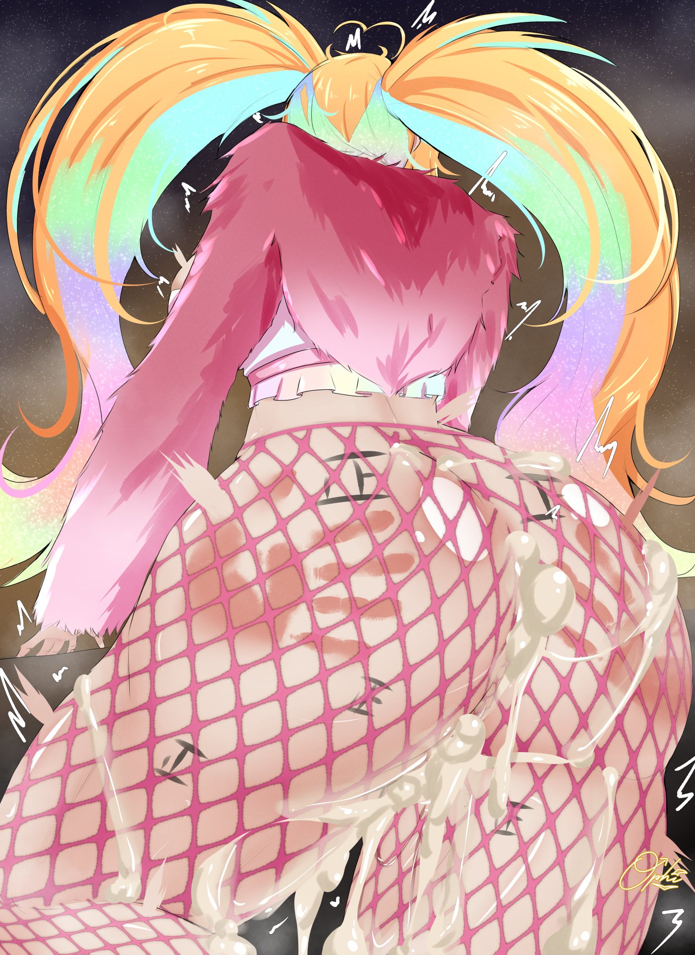 1girls, arielle (vtuber), ass, back view, blonde hair, body markings, clothed, clothing, cum, cum in ass, cum in pussy, cum inside, cum leaking, female, female only, fishnets, huge ass, huge butt, indie virtual youtuber, light skin, light-skinned female, multicolored hair, no panties, ophimon, pussy, slap marks, solo, virtual youtuber