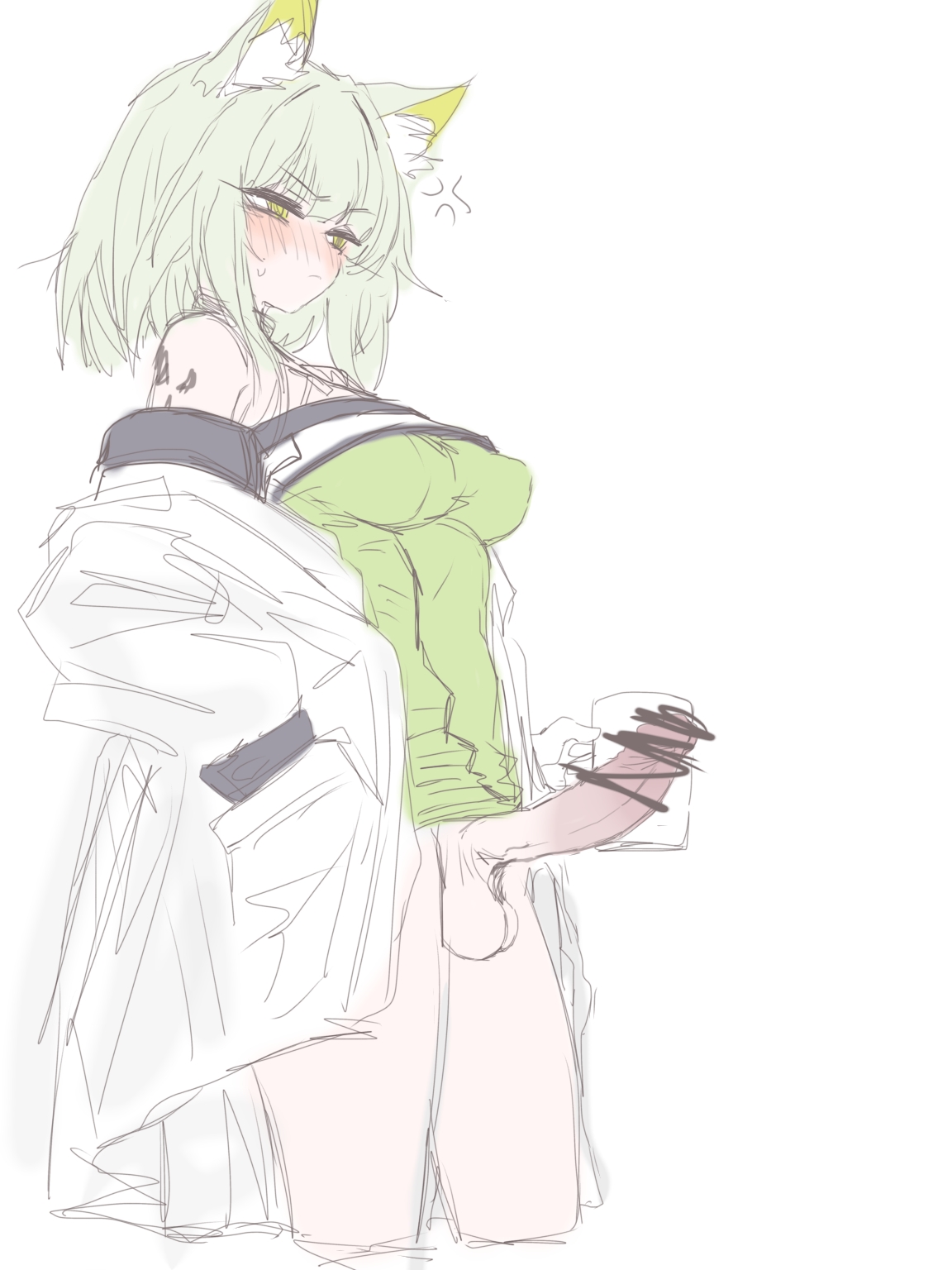 amayotw, anger symbol, arknights, censored, futanari, intersex, kal'tsit (arknights), medium breasts, penis, sketch