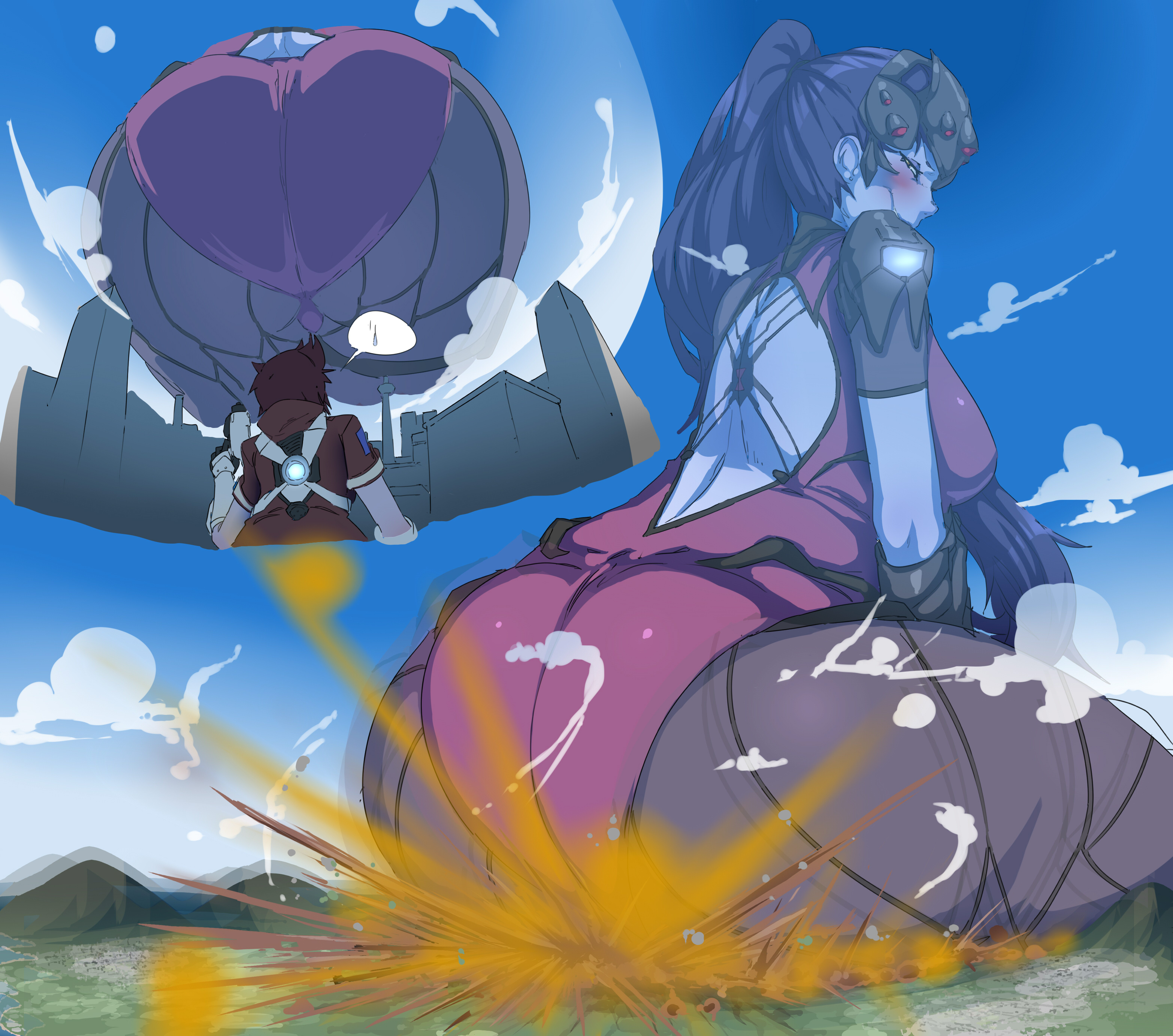 2girls, ass, ass bigger than head, below view, big ass, big butt, blizzard entertainment, blush, bodysuit, fart, fart cloud, fart fetish, farting, female, giantess, lazei, looking back, outdoors, outside, overwatch, ponytail, purple hair, purple skin, sitting, smile, text bubble, thick thighs, tracer, viewed from below, widowmaker