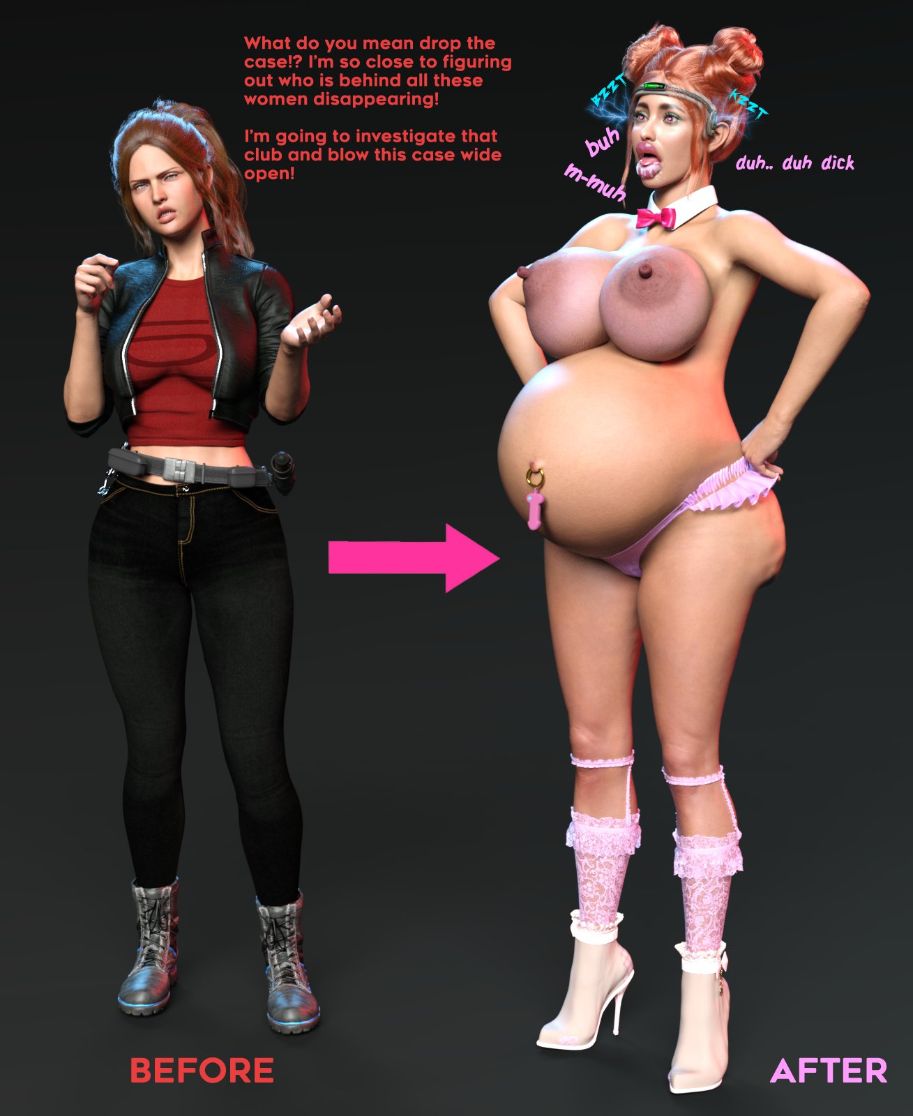 1girls, 3d, ass, before and after, belly, big ass, big belly, big breasts, big lips, bimbo, bimbo lips, bimbofication, brainwashing, breasts, cellulite, dialogue, drool, drooling, english text, female, female only, femsub, high heels, intelligence loss, meatcousins, mind control, navel piercing, nipples, outie navel, piercing, pregnant, solo, text, thick lips, tongue, tongue out, transformation
