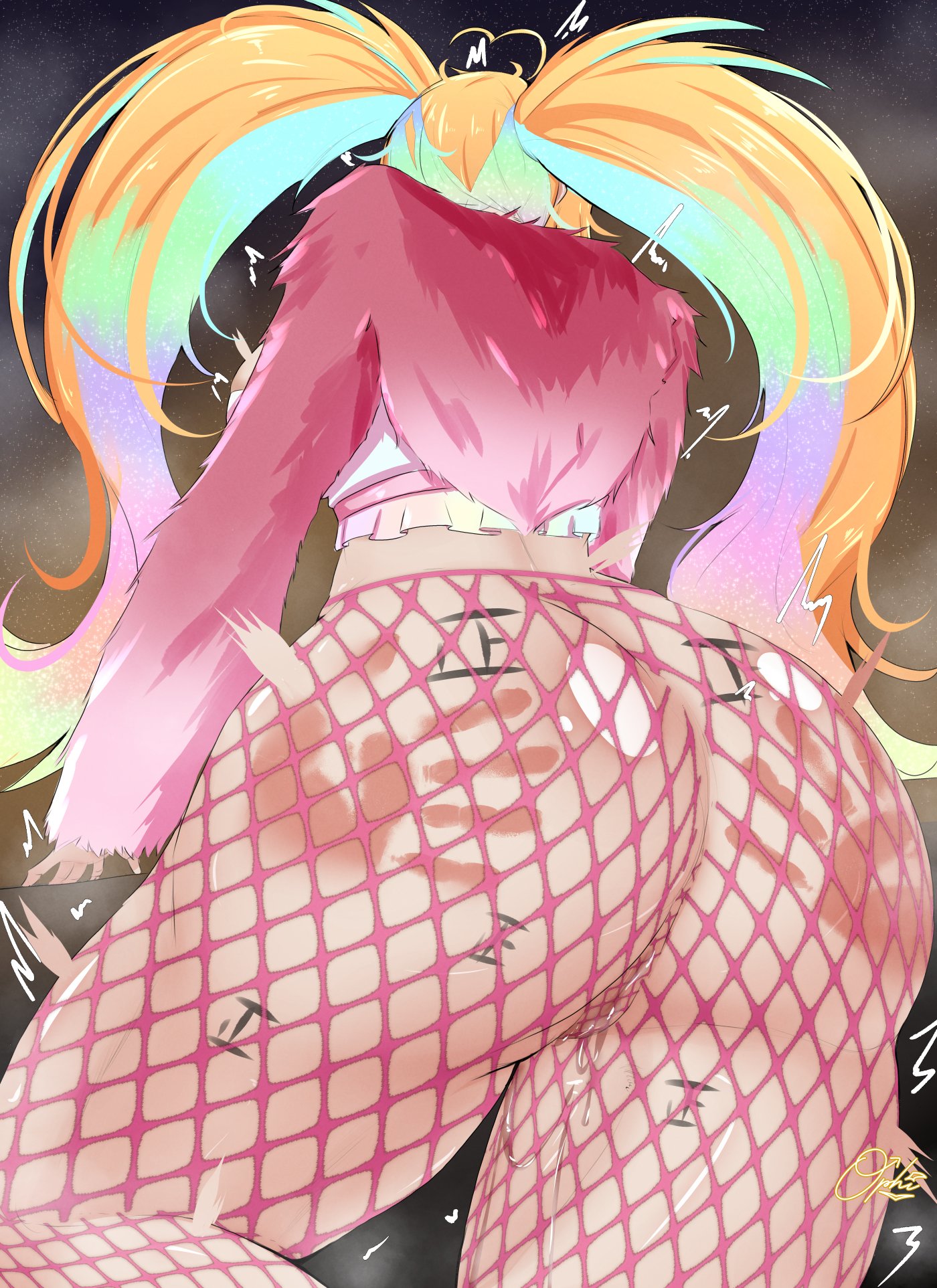 1girls, arielle (vtuber), ass, back view, blonde hair, body markings, clothed, clothing, female, female only, fishnets, huge ass, huge butt, indie virtual youtuber, light skin, light-skinned female, multicolored hair, no panties, ophimon, pussy, pussy juice, slap marks, solo, virtual youtuber