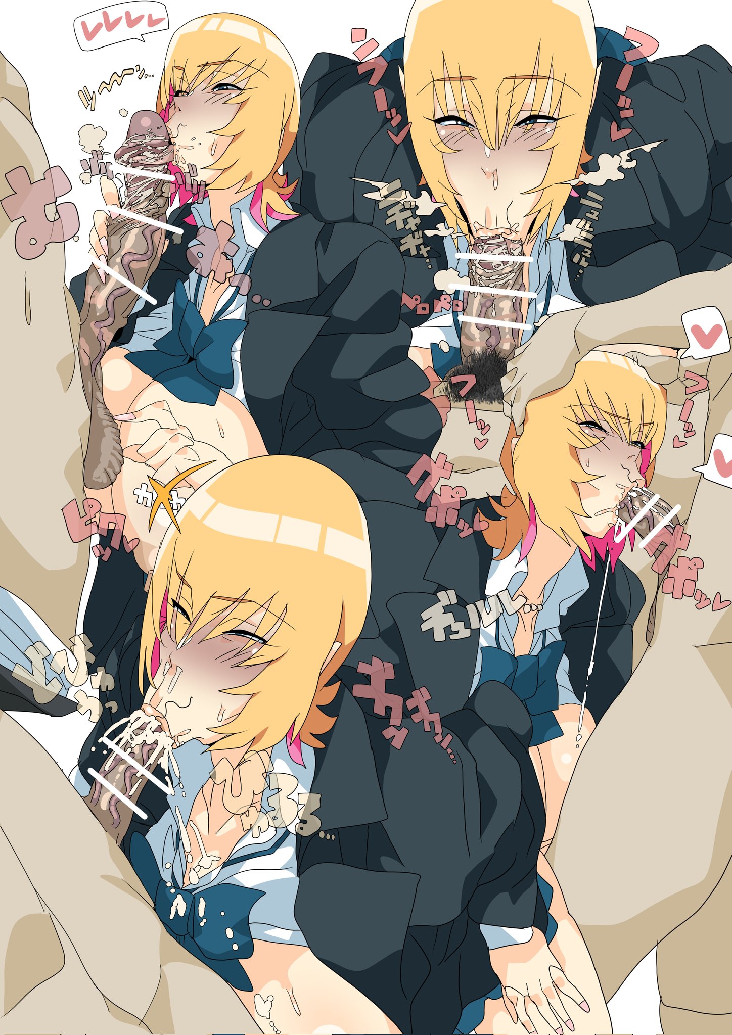 :>=, angry dragon, bar censor, big breasts, blonde hair, blowjob, blowjob face, breasts, censored, cum, cum in mouth, eating smegma, fellatio, female, femsub, glty07, green eyes, gyaru, huge breasts, huge cock, licking penis, male, maledom, oral, oral cock cleaning, original, penis, pubic hair in mouth, school uniform, short hair, smegma, squatting, stray pubic hair, text, tongue, tongue out