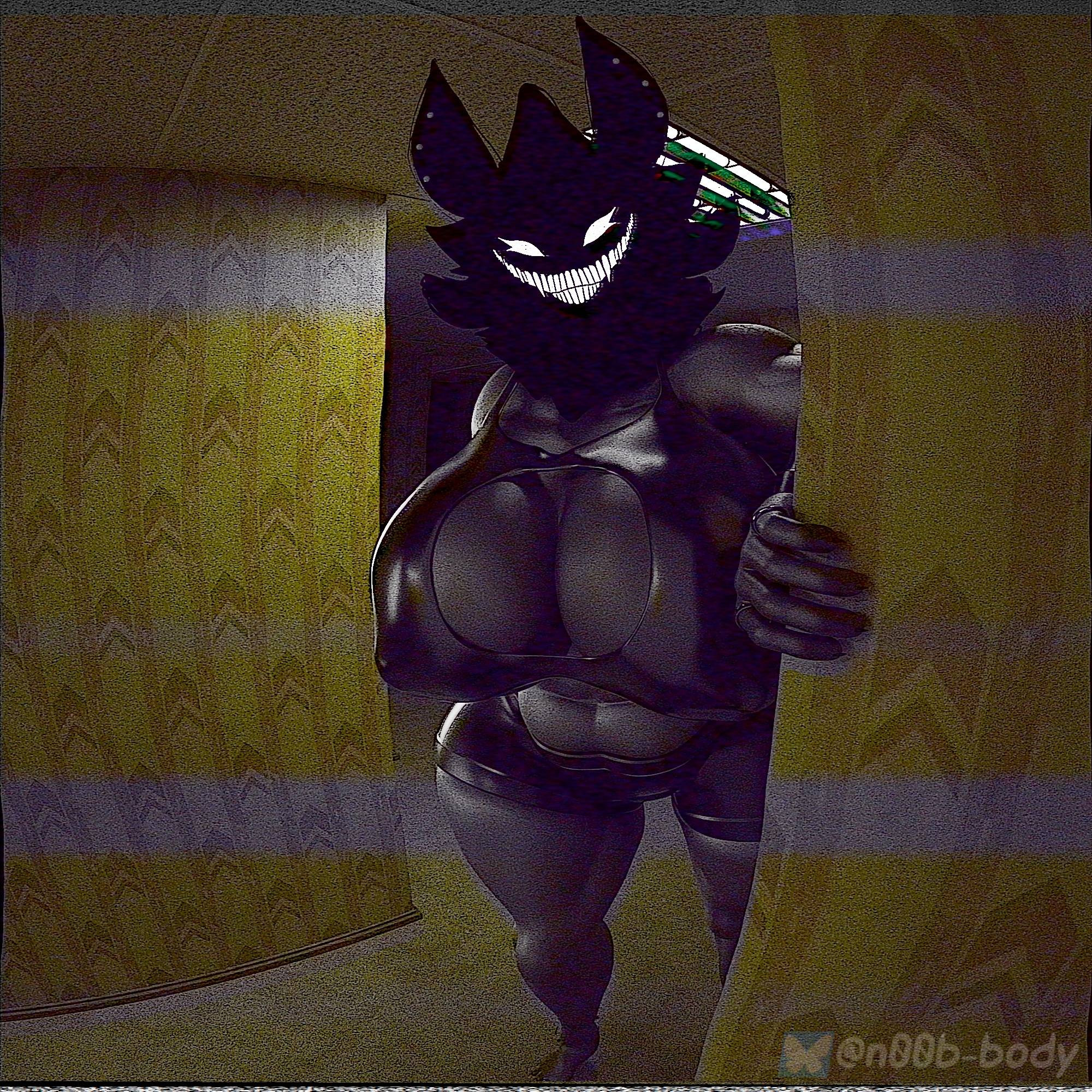2025, 3d, anthro, armwear, backrooms creature, big breasts, black body, black fur, bottomwear, breasts, cleavage, clothed, clothing, digital media (artwork), ear piercing, empty eyes, exposed breasts, female, fishnet clothing, fur, hi res, horror (theme), humanoid, karelia (acerattman), latex, latex clothing, looking at viewer, looming, n00b-body, nails, obscured face, piercing, shirt, shorts, slightly chubby, smile, smiler (the backrooms), smiley face, solo, standing, teasing, the backrooms, thick thighs, tongue, topwear, vhs filter, white eyes, white tongue, wide hips