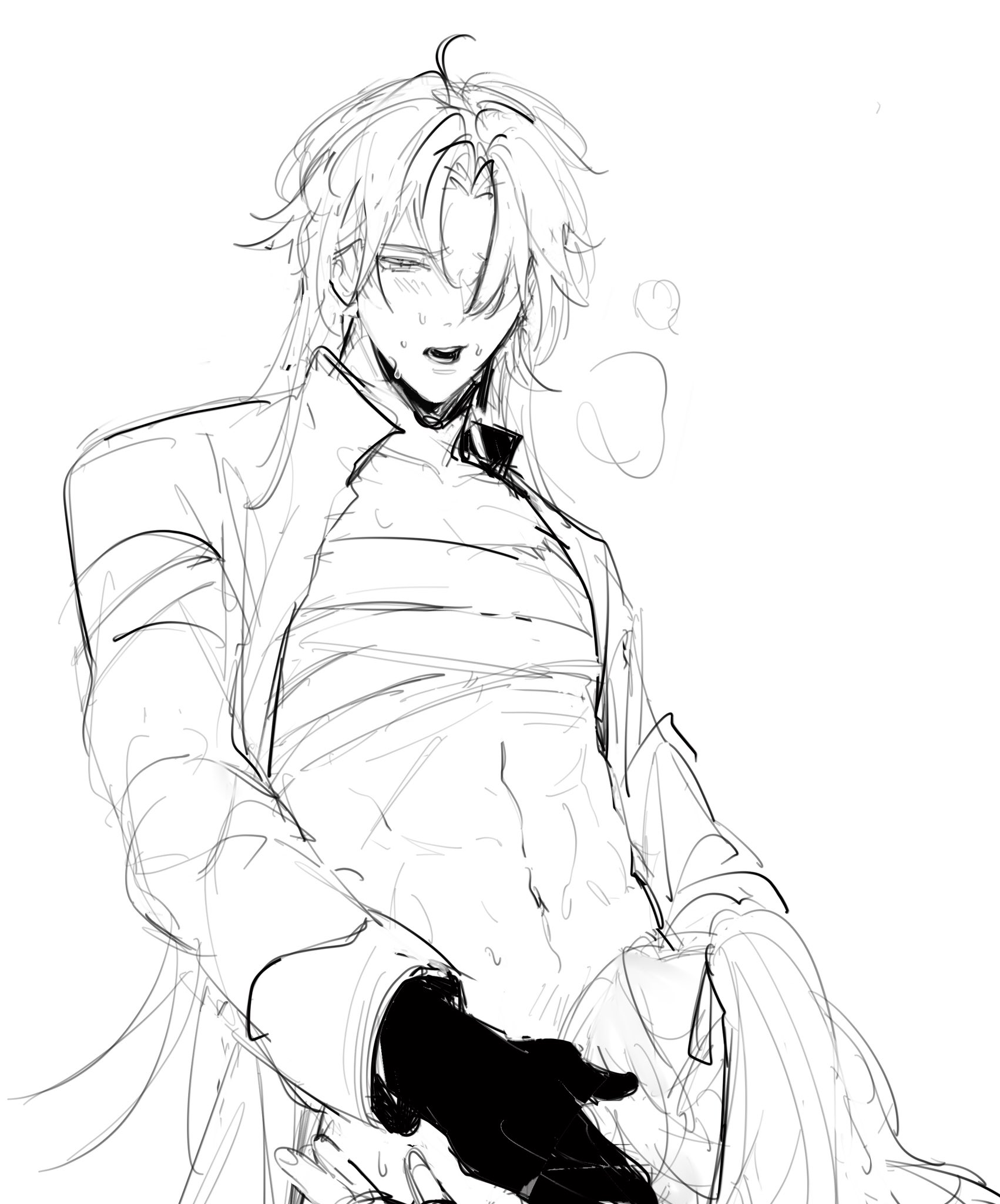 bandaged chest, bandages, bandages around chest, bandai namco, blade (honkai: star rail), blowjob, blush, blush lines, breathing heavily, fellatio, gay, gay blowjob, gay male, glove, gloved hand, hand on head, homosexual, homosexual male, honkai: star rail, hoyoverse, jing yuan, long hair, male, male only, male/male, oral, ponytail, ribbon in hair, sweat, sweating, yaoi