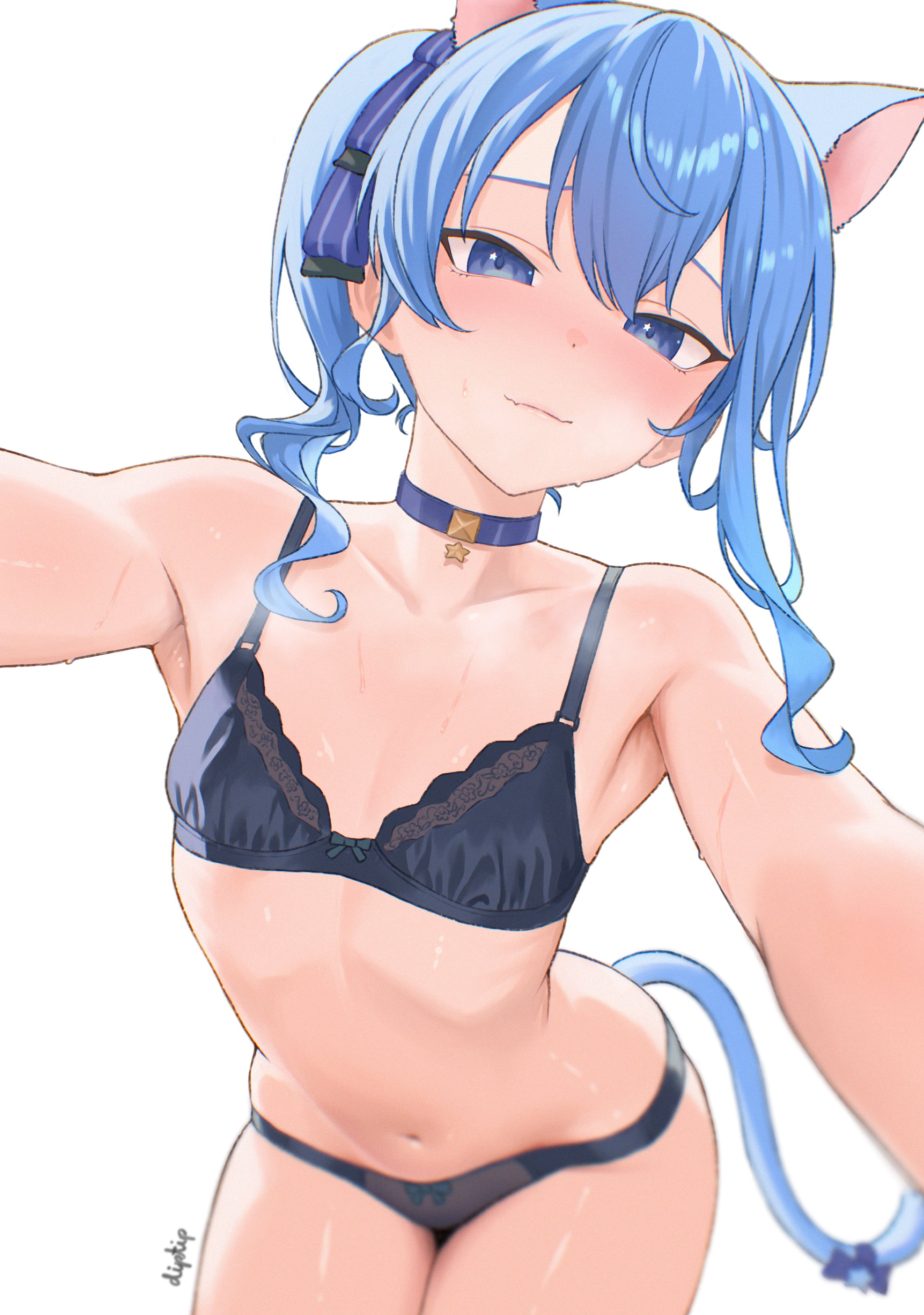 1girls, animal ears, blue eyes, blue hair, bra, breasts, cat ears, cat tail, diptip, female, hololive, hololive gen 0, hololive japan, hoshimachi suisei, looking at viewer, panties, small breasts, solo, sweat, tail, underwear, virtual youtuber