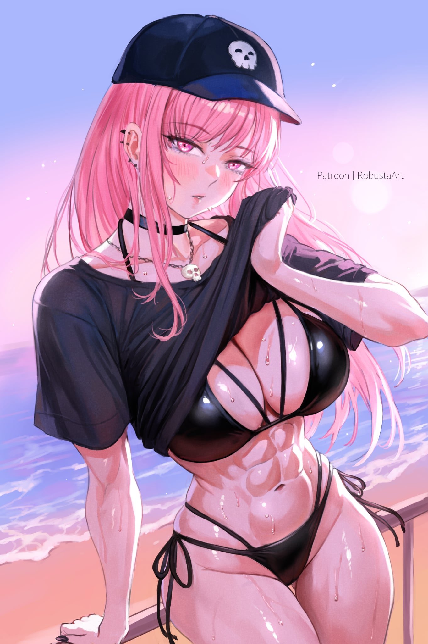 abs, beach, belly, bikini, blush, breasts, cleavage, collared shirt, earrings, female, highres, hololive, hololive english, hololive myth, jewelry, long hair, looking at viewer, midriff, mori calliope, muscular, navel, necklace, nose blush, piercing, pink eyes, robustaart, shirt, solo, solo focus, sweat, swimsuit, t-shirt, thighs, virtual youtuber