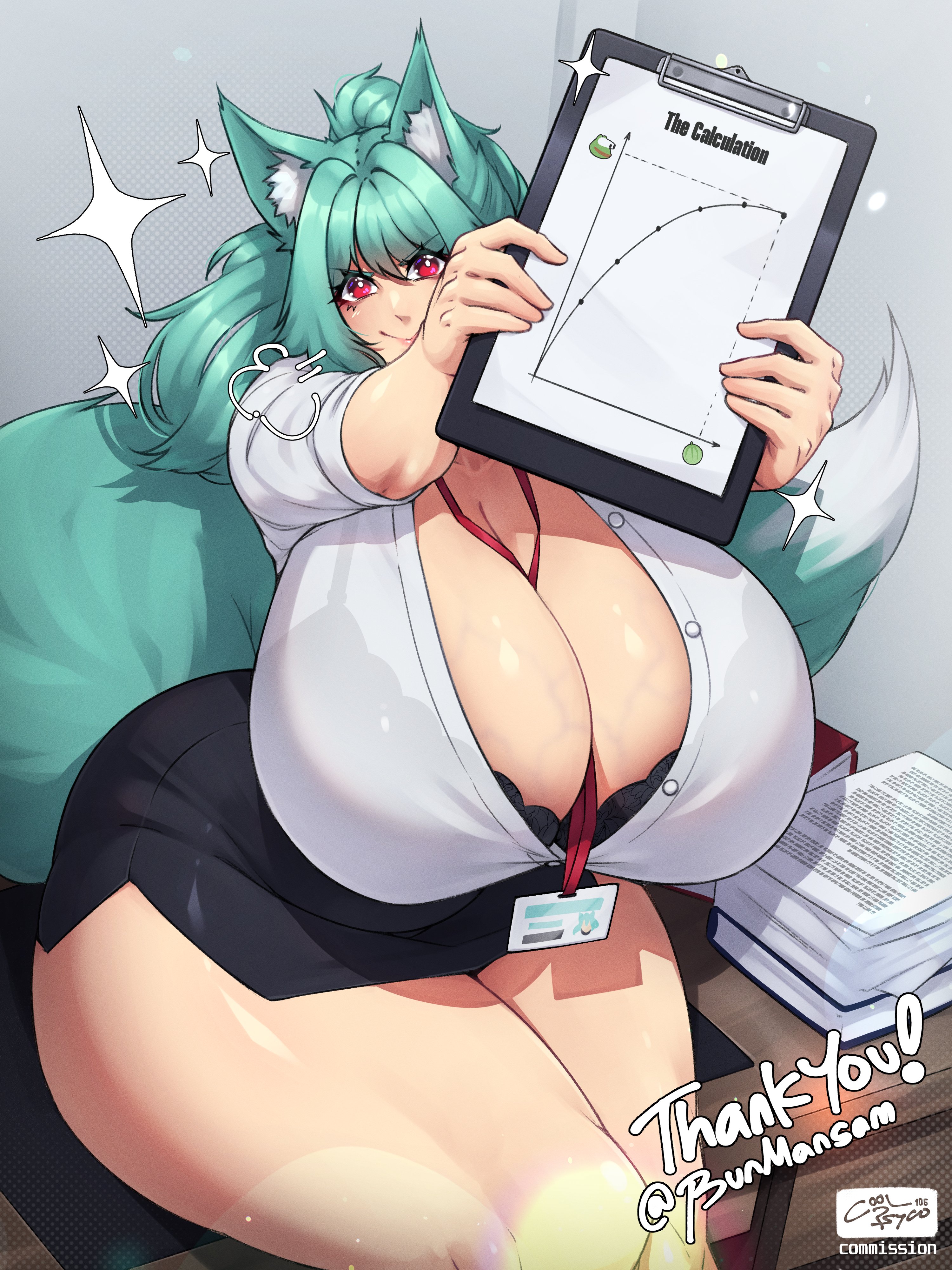 1girls, absurd res, alyssa (busmansam), animal ears, animal tail, ass, big breasts, bra visible through clothes, breasts, cleavage, cleavage overflow, clothed, clothing, coolpsyco106, enormous breasts, female, gigantic breasts, happy, highres, hourglass figure, huge ass, huge breasts, id card, large breasts, light skin, light-skinned female, looking at viewer, massive breasts, office clothing, office lady, proud, red eyes, see-through clothing, sitting, teal hair, thick legs, thick thighs, thighs thicker than head, tight clothing, veiny breasts, wide hips, wolf girl