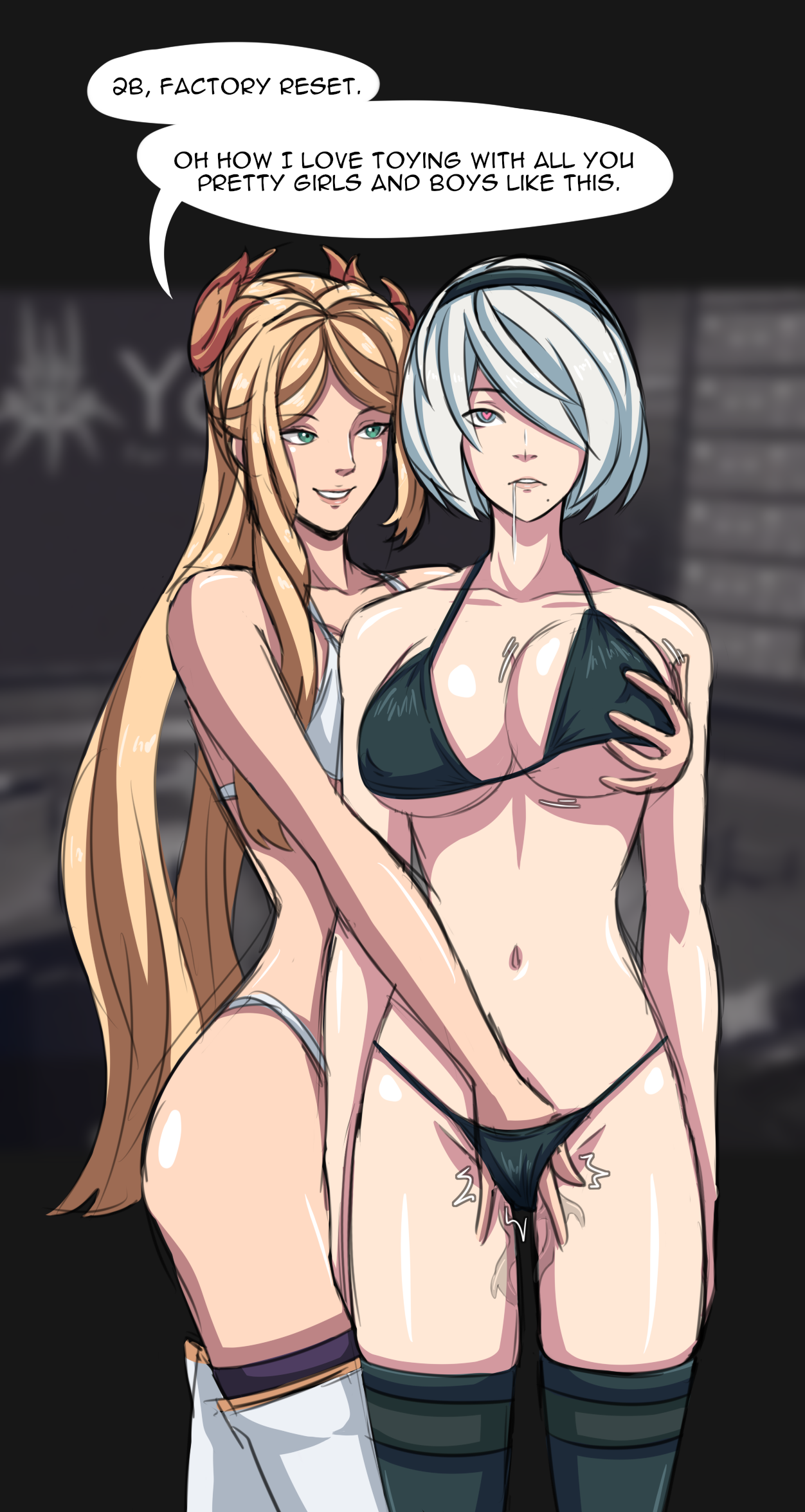 2girls, almost naked, barely clothed, black lingerie, blank stare, blonde hair, breasts, captured, captured heroine, damsel in distress, defeated, defeated heroine, dialogue, domination, drooling, electrickronos, enslaved, evil grin, female, female only, femdom, femsub, forced, forced exposure, forced submission, green eyes, groping, groping breasts, hand in panties, heart-shaped pupils, helpless, humiliation, imminent rape, kidnapped, lingerie, mind control, molestation, multiple females, multiple girls, navel, nier (series), nier: automata, nipple bulge, pussy, pussy juice, sex slave, slave, slave girl, slaver, submissive, submissive female, text, thigh boots, white hair, white lingerie, yorha 2b, yorha commander, yuri