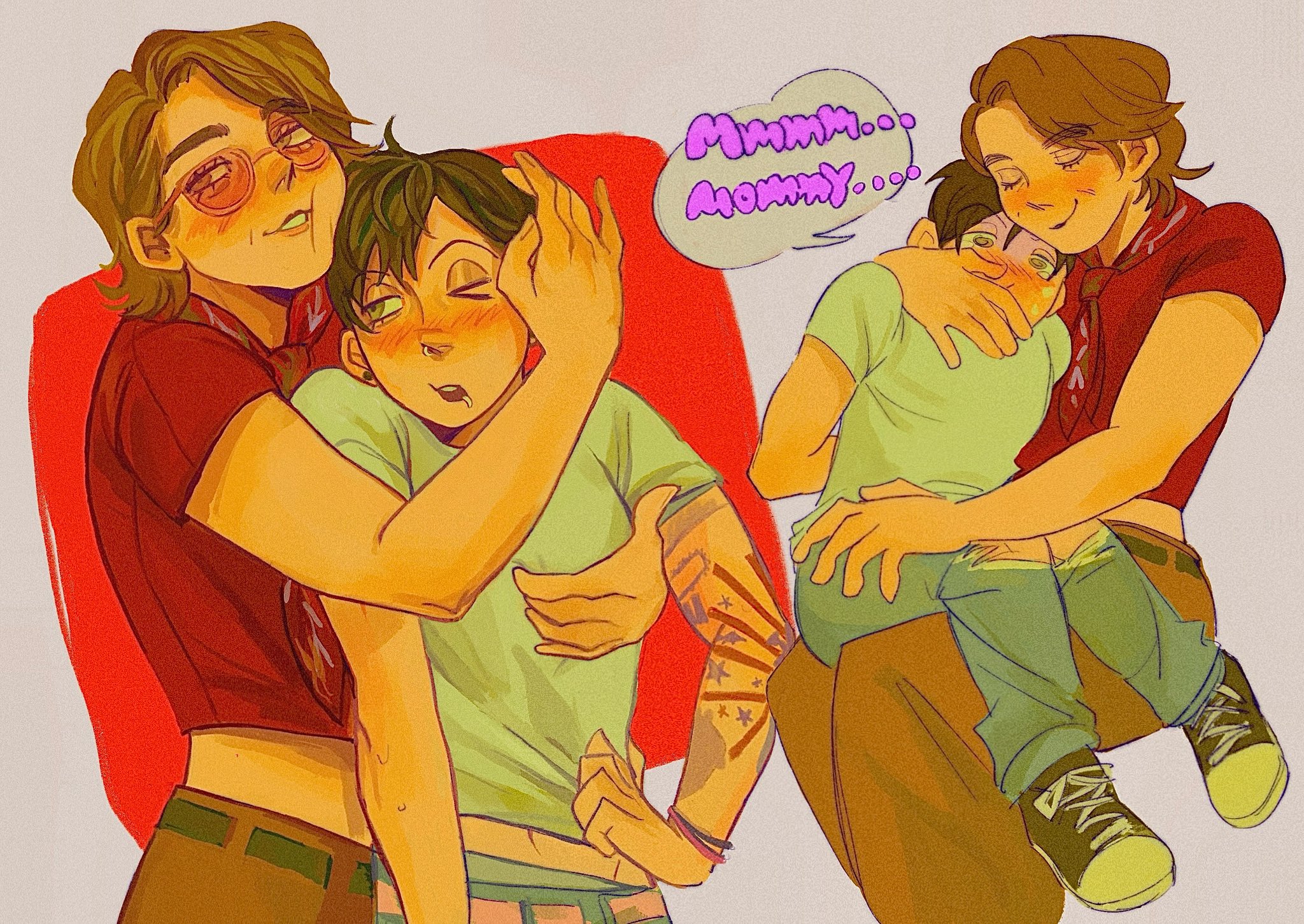 814aimee, dialogue, dizzy eyes, female, femdom, feminine male, flustered, frank iero, gerard way, gerard way (alpharetta), groping, male, my chemical romance, older male, piercing, sitting on lap, tattoo, younger male
