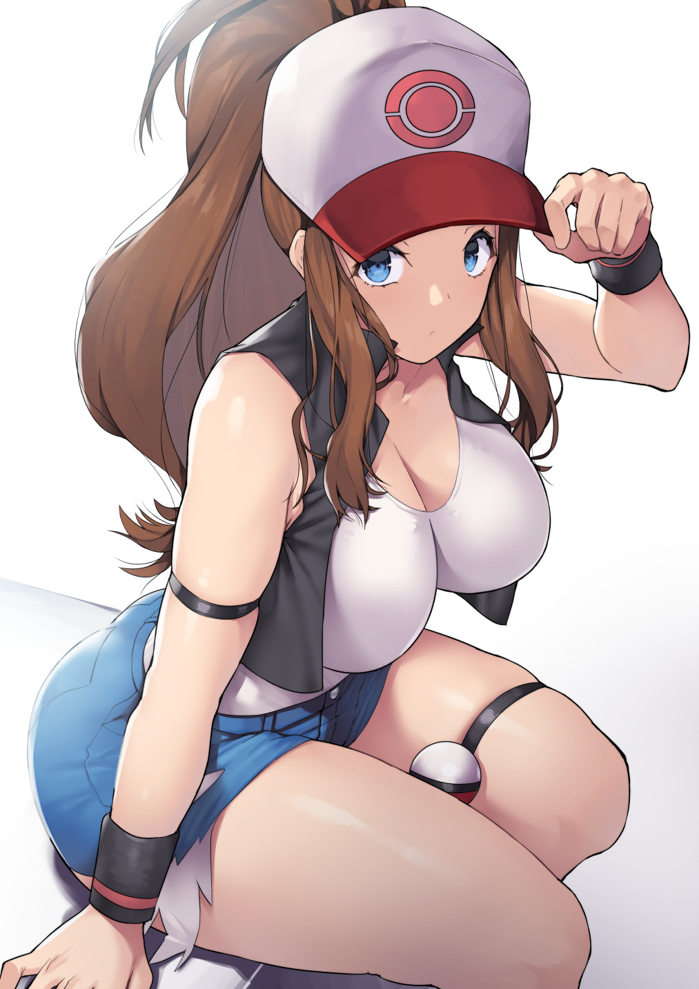 1girls, big breasts, breasts, female, female only, hilda (pokemon), large breasts, looking at viewer, nagase haruhito, pokemon, pokemon bw, shorts, solo, tank top, thick thighs, wide hips