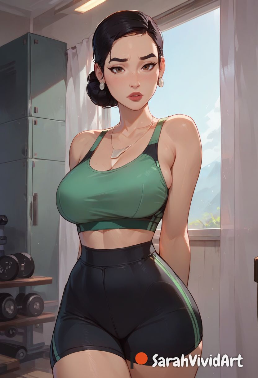 1girls, ai generated, asian, asian female, black hair, blush, breasts, crop top, debbie grayson, deborah grayson, female, female focus, gym, gym uniform, hair up, invincible, invincible (comics), invincible (tv series), large breasts, mature female, milf, older female, perfect body, sarahvividart, seductive, shiny skin, shorts, solo, solo focus, standing, thin waist, tight clothing, wide hips