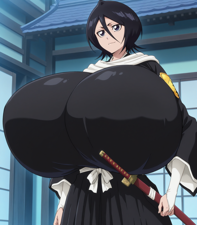 1girls, absurdres, ai generate, ai generated, areola, arm grab, ass, bangs, bare shoulders, belly, bent over, big ass, big breasts, bimbo, black eyes, black hair, bleach, blush, bottom heavy, breast expansion, breast growth, breast growth (enlargement), breast suppress, breasts, breasts bigger than head, clothing, collarbone, covered nipples, cowboy shot, curvaceous, curvy, elmenois, expansion, fake breasts, female, female focus, female only, full body, fully clothed, fully clothed female, gigantic breasts, grey eyes, gyaru, hi res, high resolution, highres, hips, holding object, holding weapon, hourglass figure, huge breasts, hyper breasts, inflation, japan, japanese, japanese clothes, katana, kimono, kuchiki rukia, light-skinned female, looking at viewer, massive breasts, no bra, oppai, smile, solo, solo female, solo focus, standing, standing female, thick ass, thighs, top heavy, transformation, uncensored, undersized clothes, upper body, venus body, voluptuous, voluptuous female, weapon, wide hips