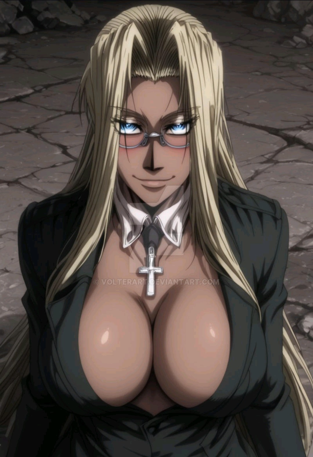 ai generated, big breasts, blonde hair, blue eyes, breasts, clothed female, dark skin, dark-skinned female, female, glasses, hellsing, integra hellsing, round glasses, seductive look, volterart