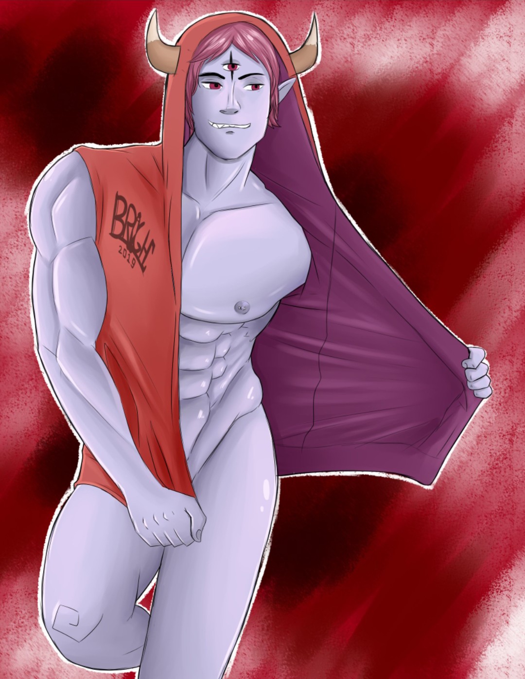 3_eyes 5_fingers armless_hoodie background biceps demon hiding_penis hood hoodie horns horny looking_at_viewer makeup male_only muscles muscular muscular_male nails naughty_face naughty_smile nipples ofstrial open_hoodie pink_hair pointy_ears purple_skin red red_clothing red_eyes sharp_teeth smile solo_male star_vs_the_forces_of_evil teenager tights tom_lucitor triceps watermark