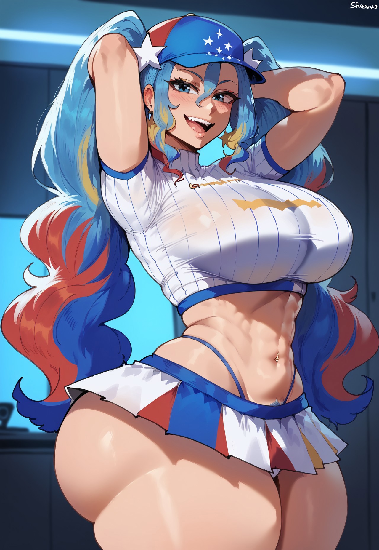 1girl, abs, ai generated, arms behind head, arms up, ass, big ass, big breasts, blonde hair, blue eyes, blue hair, blush, breasts, bubble ass, bubble butt, curvy, earrings, female, hat, hatsune miku, highleg, jewelry, large breasts, long hair, looking at viewer, midriff, multicolored hair, navel, navel piercing, open mouth, panties, piercing, pubic hair, rayasox, red hair, skirt, smile, solo, thick thighs, thighs, twintails, underwear, venezuela, venezuelan, venezuelan miku