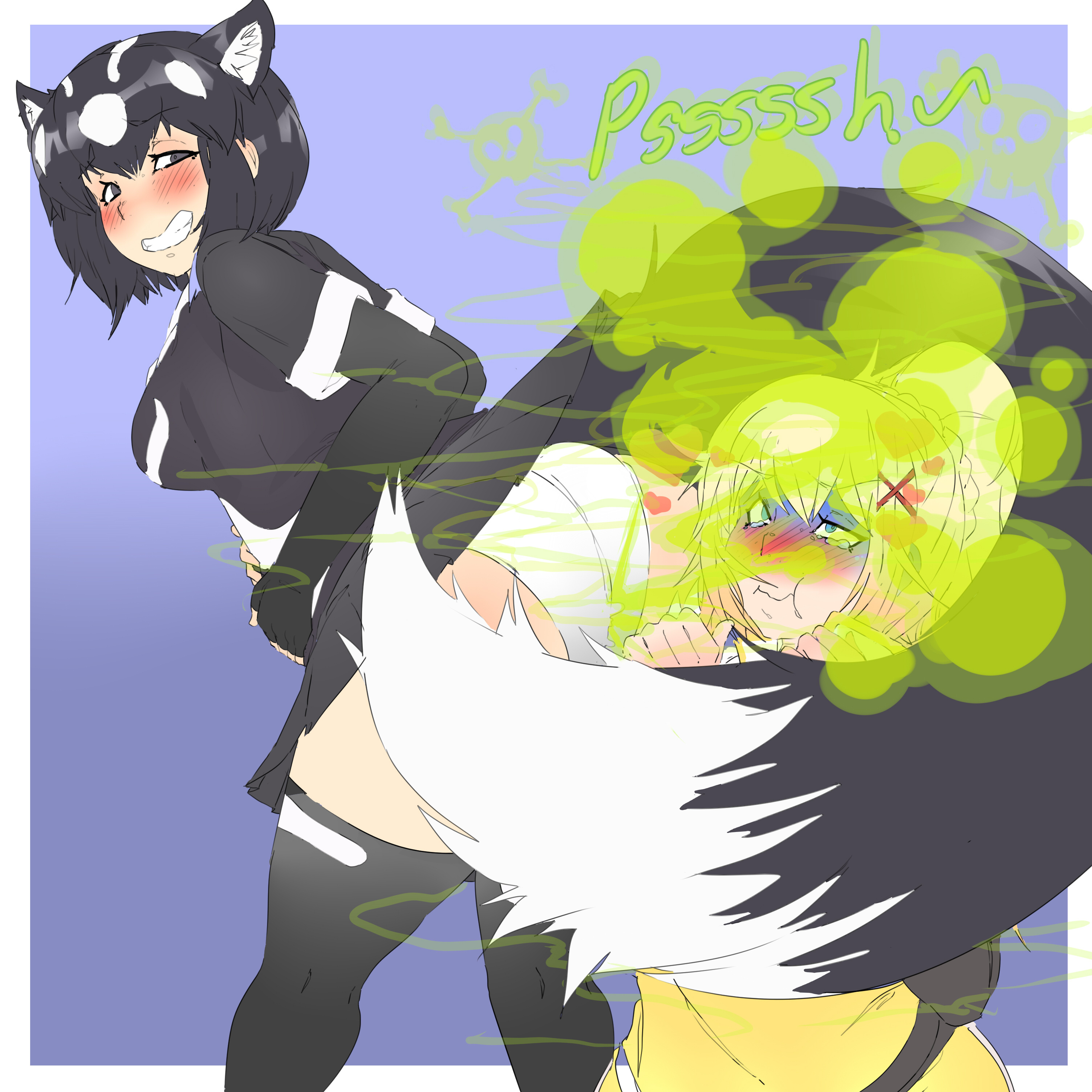 2girls, animal ears, ass, bent over, big ass, big butt, black eyes, black legwear, black skirt, black thighhighs, blonde hair, blue eyes, blush, darkness (konosuba), enjoying farts, fart, fart cloud, fart fetish, farting, farting in face, female, heart, kemono friends, kono subarashii sekai ni shukufuku wo!, lazei, legwear, looking back, panties, ponytail, rear view, secretly loves it, skirt, skunk ears, skunk girl, skunk tail, smile, standing, tail, thighhighs, viewed from behind, western spotted skunk (kemono friends), white panties, yuri