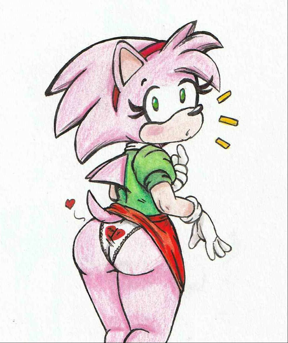 amy_rose anthro anthro_only ass big_ass big_butt butt classic_amy_rose frills frilly_panties green_shirt hairband heart heart_panties orange_skirt panties sonic_(series) tail upskirt vampiricpig