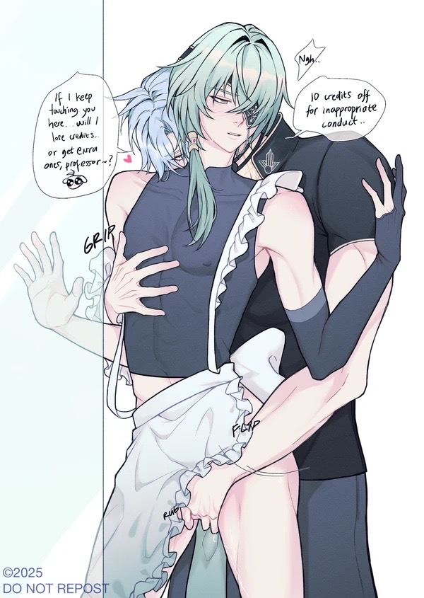anaxa (honkai: star rail), crossdressing, eyepatch, fondling, gay, green hair, honkai: star rail, male, male nipples, male/male, myxski, phainon (honkai: star rail), size difference, twink, white hair, yaoi