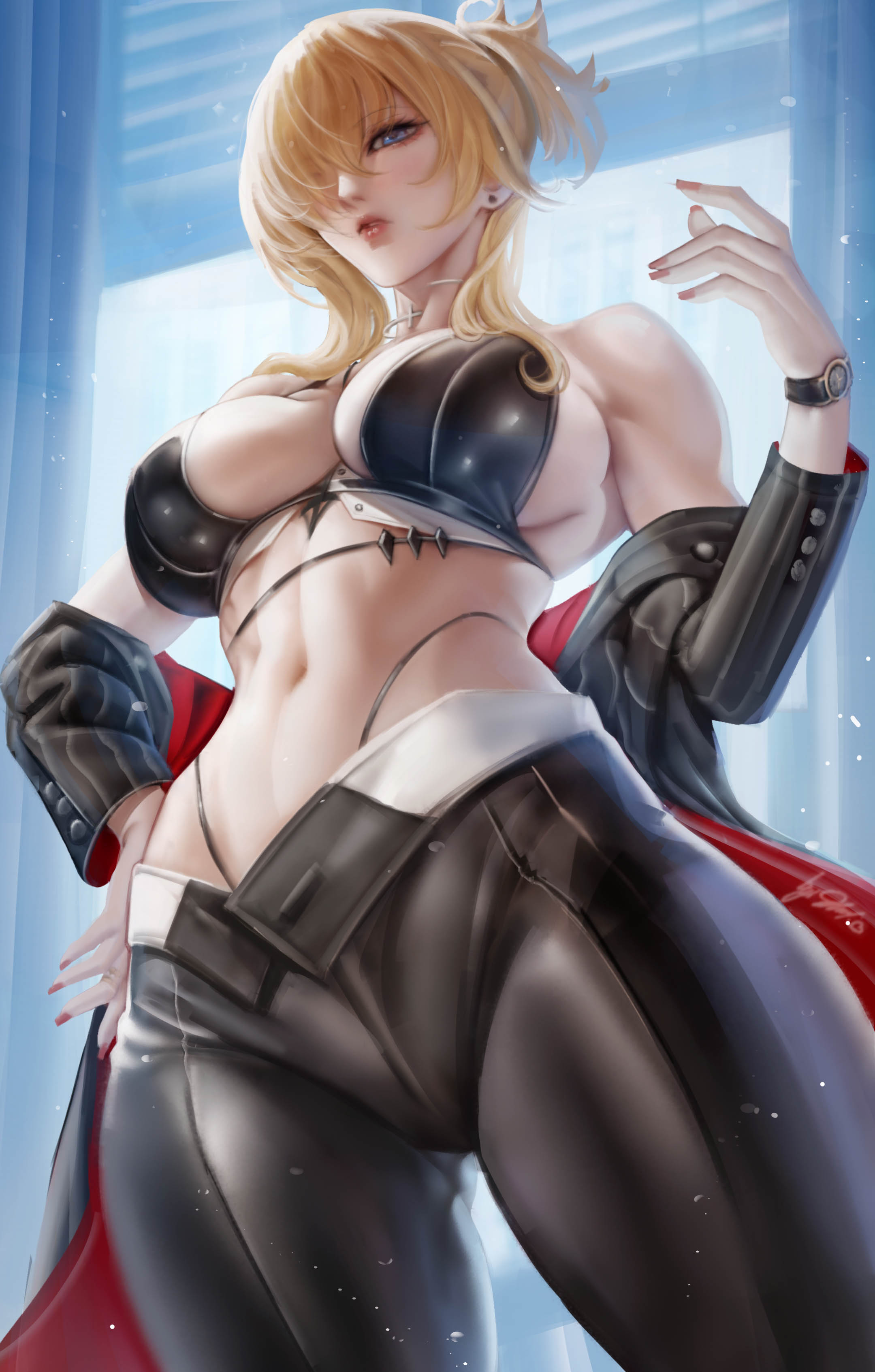 1girls, abs, absurdres, bare shoulders, belly, blonde hair, blue eyes, breasts, female, from below, goddess of victory: nikke, grave (beautiful you) (nikke), grave (nikke), highres, jacket, leather, leather bikini, leather jacket, leather pants, lips, midriff, navel, pants, sheryl 01, solo, solo female, solo focus, thighs, watch, wristwatch