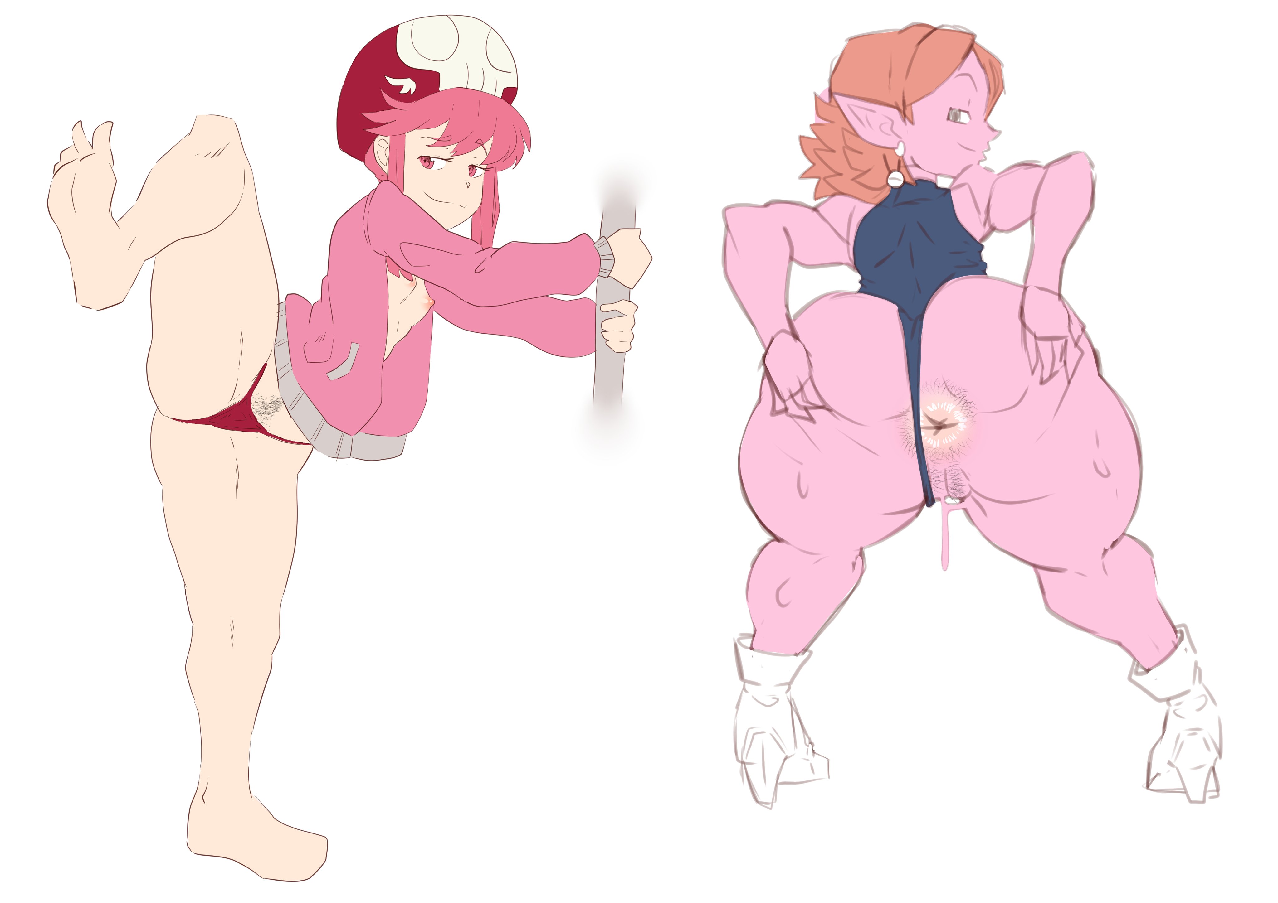 2girls, areolae, ass, big ass, breasts, cheesoart, chronoa, core person, crossover, dragon ball, dragon ball super, dragon ball xenoverse, dragon ball z, dripping, earrings, female, female only, grey eyes, hairy anus, hairy pussy, hands on ass, high heels, huge ass, jacket, jakuzure nonon, kill la kill, leg up, leotard, leotard aside, looking at viewer, looking away, looking back, multiple females, multiple girls, nipples, orange hair, partially clothed, perky breasts, petite, pink eyes, pink hair, pink skin, pointy ears, pole, presenting, presenting anus, pussy, pussy hair, seductive look, short hair, shortstack, simple background, small breasts, spread ass, standing, sweat, thick thighs, thong, wet pussy, white background