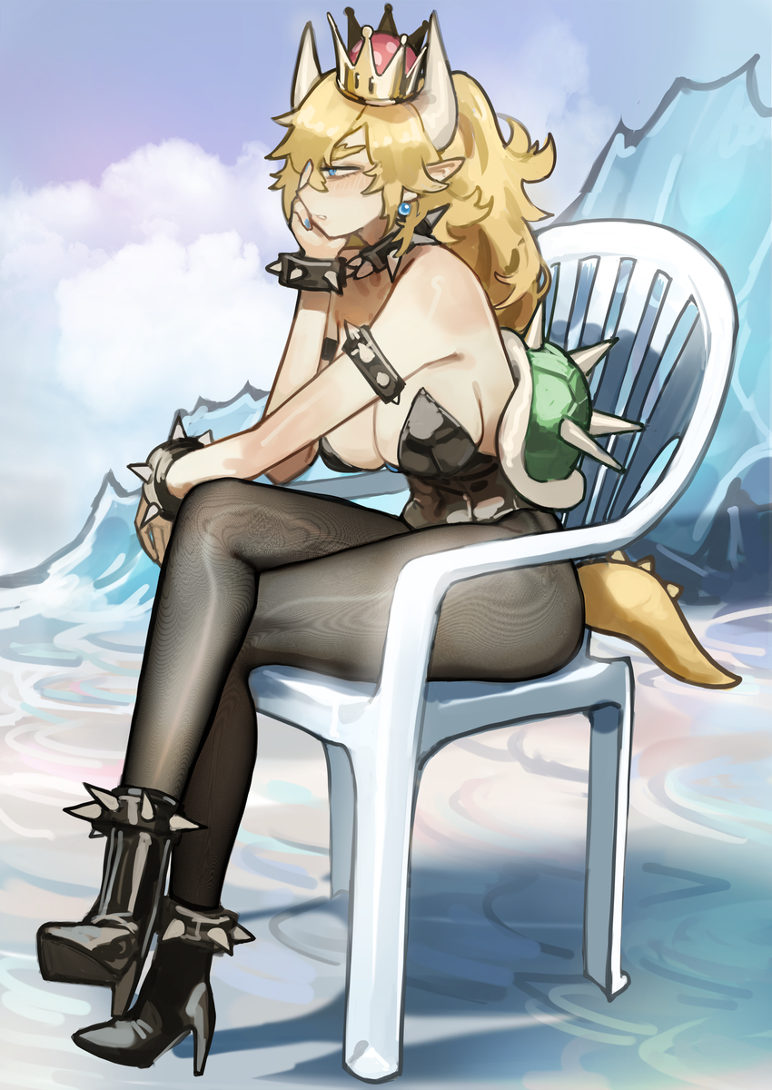 1girls, beach, blonde hair, blue eyes, bowsette, chair, clothed, female, horn, mario (series), miaojiangyou, queen, royalty, rule 63, sitting, super mario bros., thinking